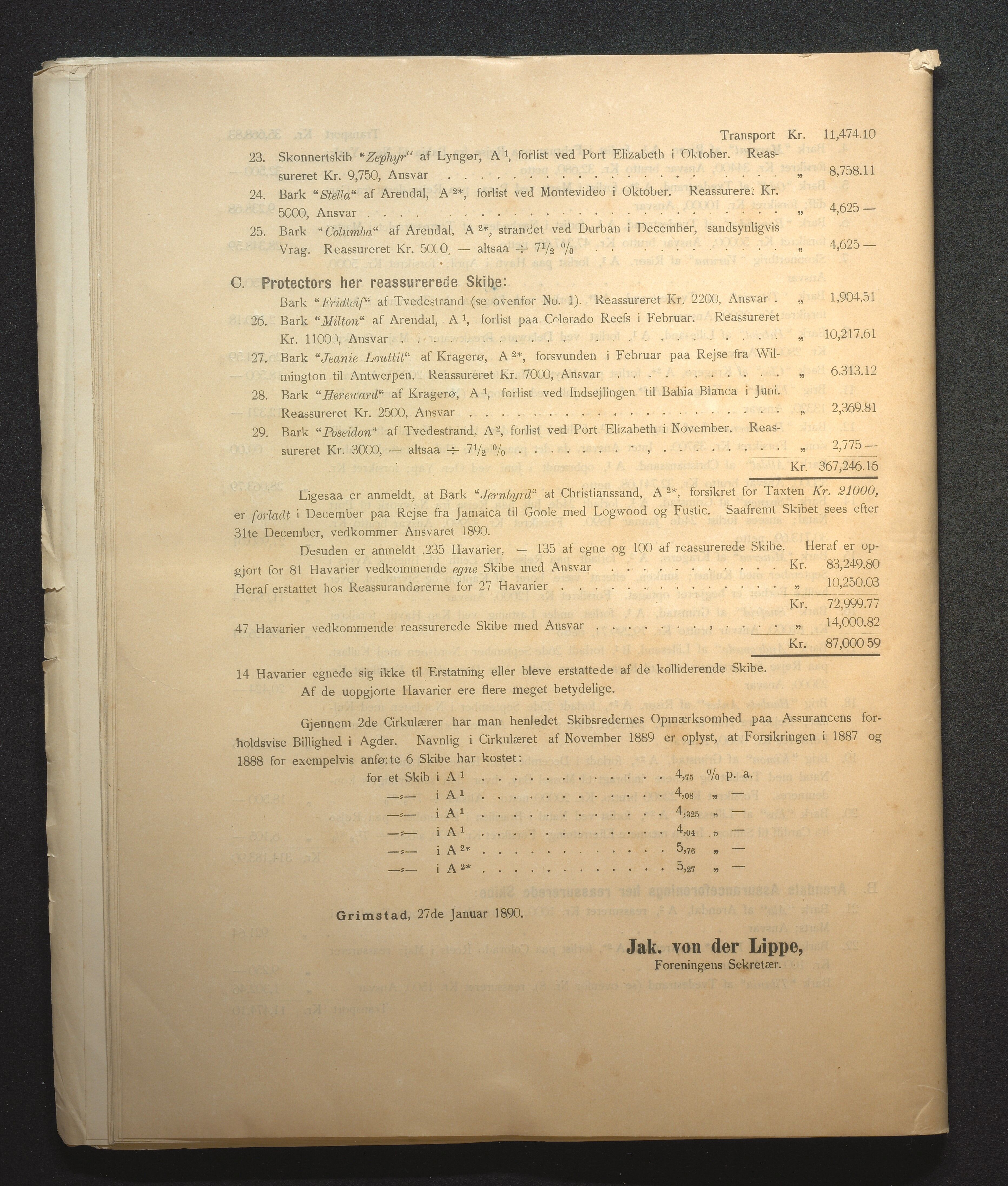 Agders Gjensidige Assuranceforening, AAKS/PA-1718/05/L0002: Regnskap, seilavdeling, pakkesak, 1881-1889