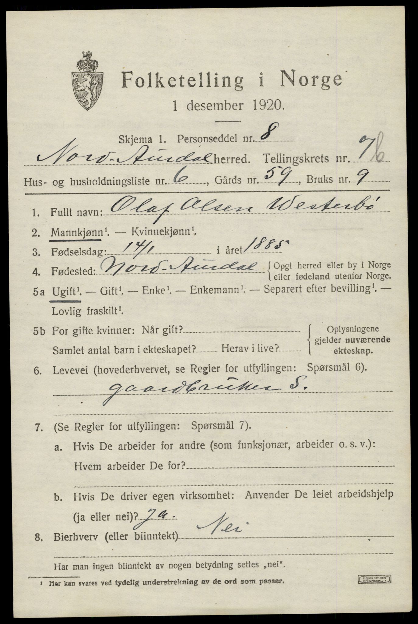 SAH, Folketelling 1920 for 0542 Nord-Aurdal herred, 1920, s. 6726