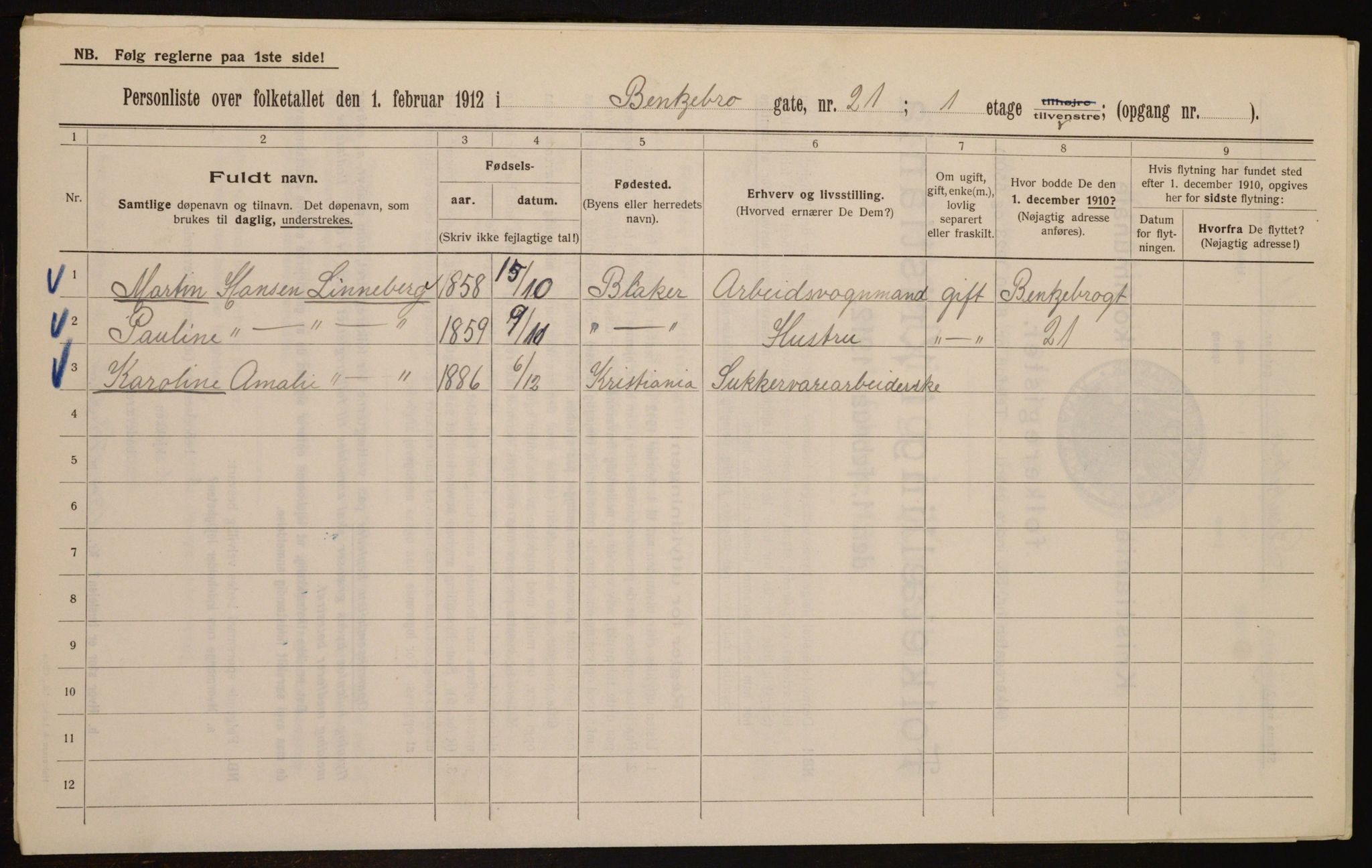 OBA, Kommunal folketelling 1.2.1912 for Kristiania, 1912, s. 3480