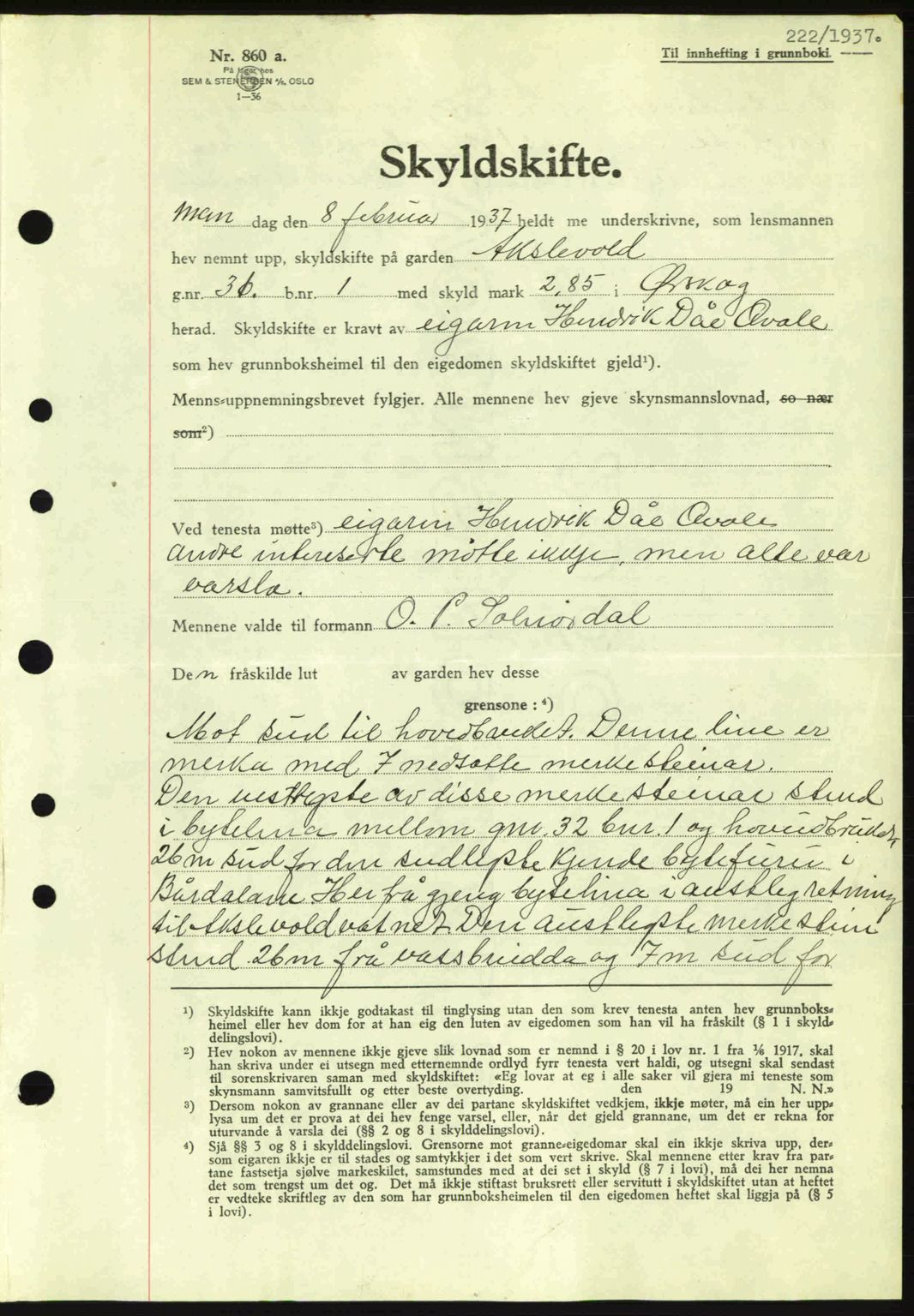 Nordre Sunnmøre sorenskriveri, SAT/A-0006/1/2/2C/2Ca: Pantebok nr. A2, 1936-1937, Dagboknr: 222/1937