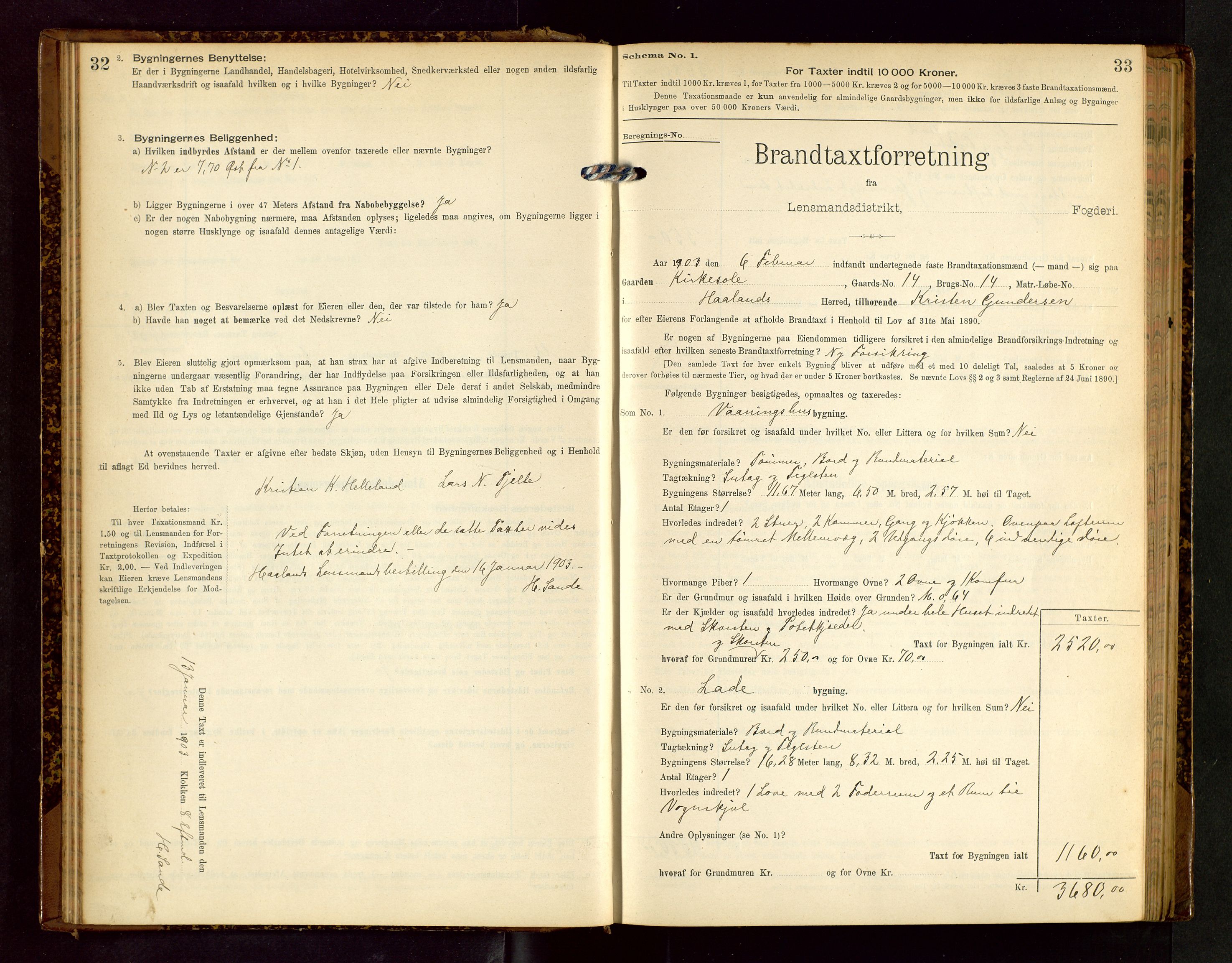 Håland lensmannskontor, SAST/A-100100/Gob/L0002: Branntakstprotokoll - skjematakst. Register i boken., 1902-1906, s. 32-33