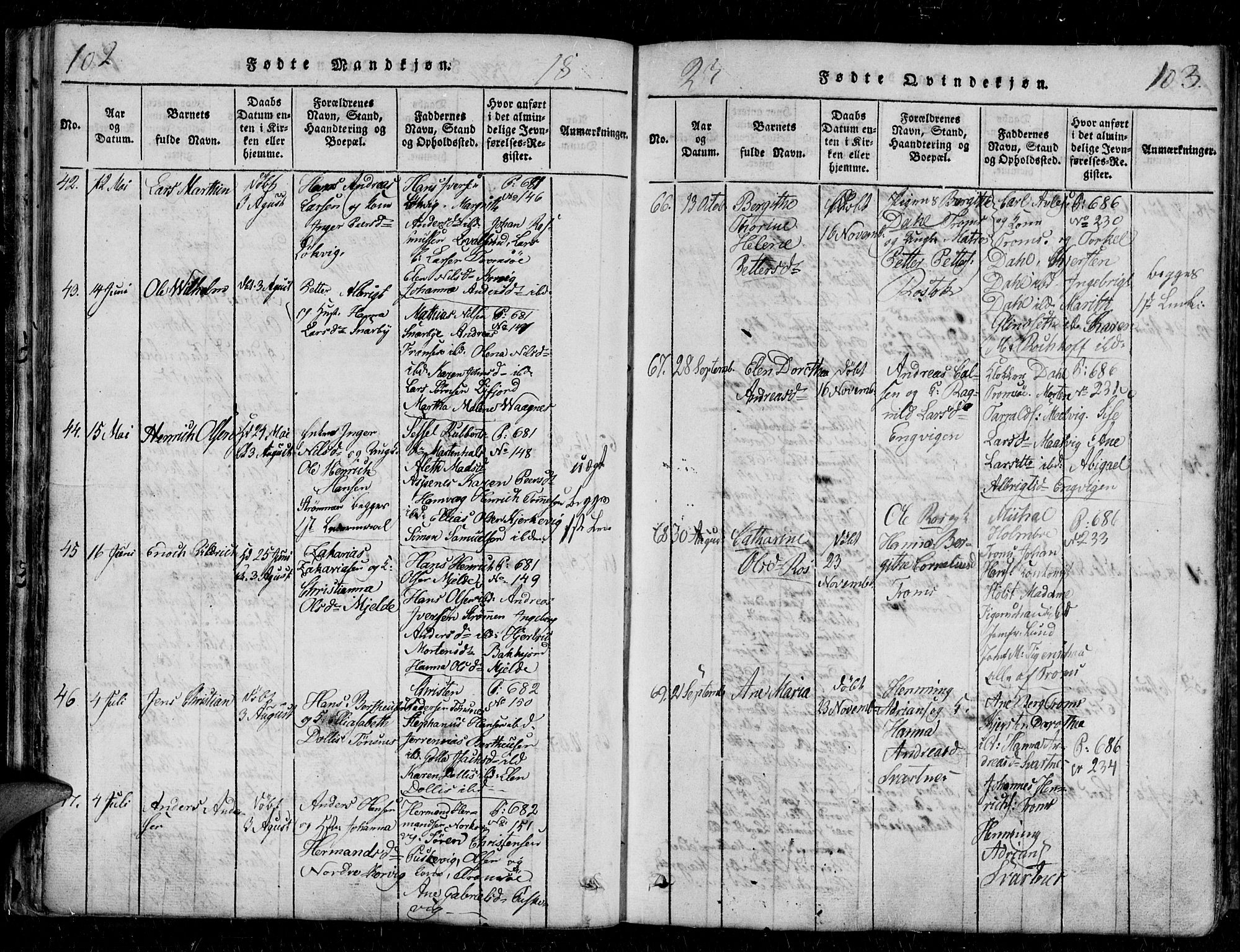 Tromsø sokneprestkontor/stiftsprosti/domprosti, AV/SATØ-S-1343/G/Gb/L0001klokker: Klokkerbok nr. 1, 1821-1833, s. 102-103