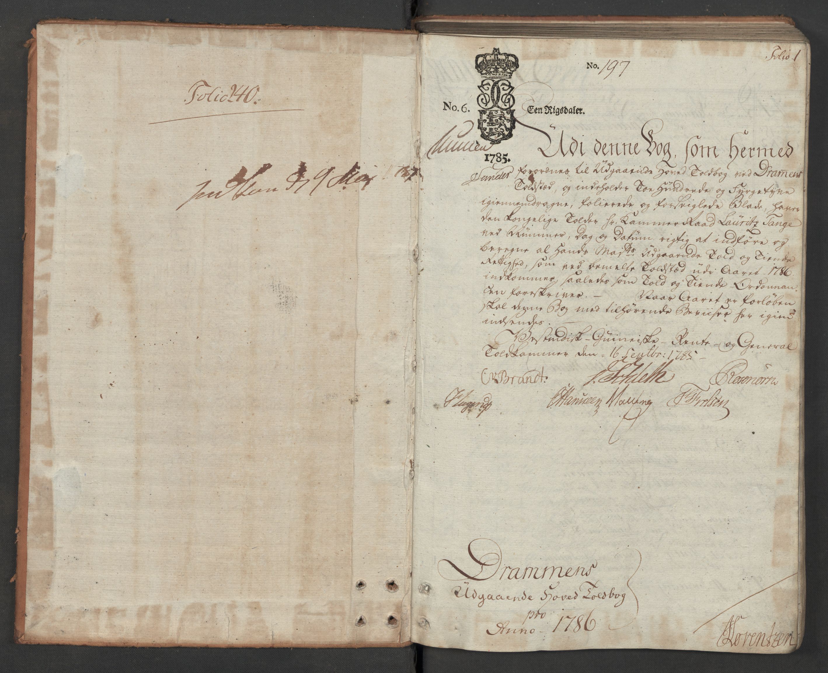 Generaltollkammeret, tollregnskaper, AV/RA-EA-5490/R08/L0143/0001: Tollregnskaper Drammen / Utgående hovedtollbok, 1786, s. 1a