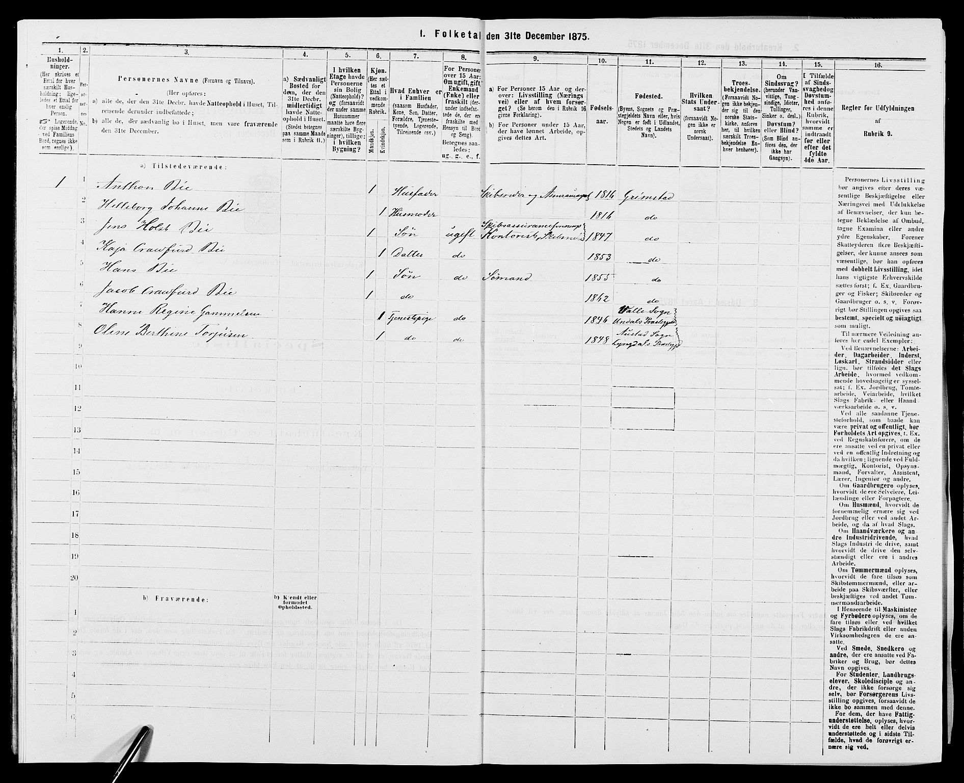 SAK, Folketelling 1875 for 0904B Fjære prestegjeld, Grimstad kjøpstad, 1875, s. 254