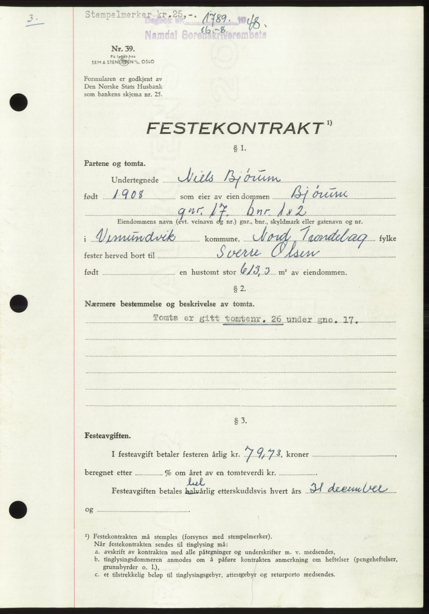 Namdal sorenskriveri, SAT/A-4133/1/2/2C: Pantebok nr. -, 1948-1948, Dagboknr: 1789/1948