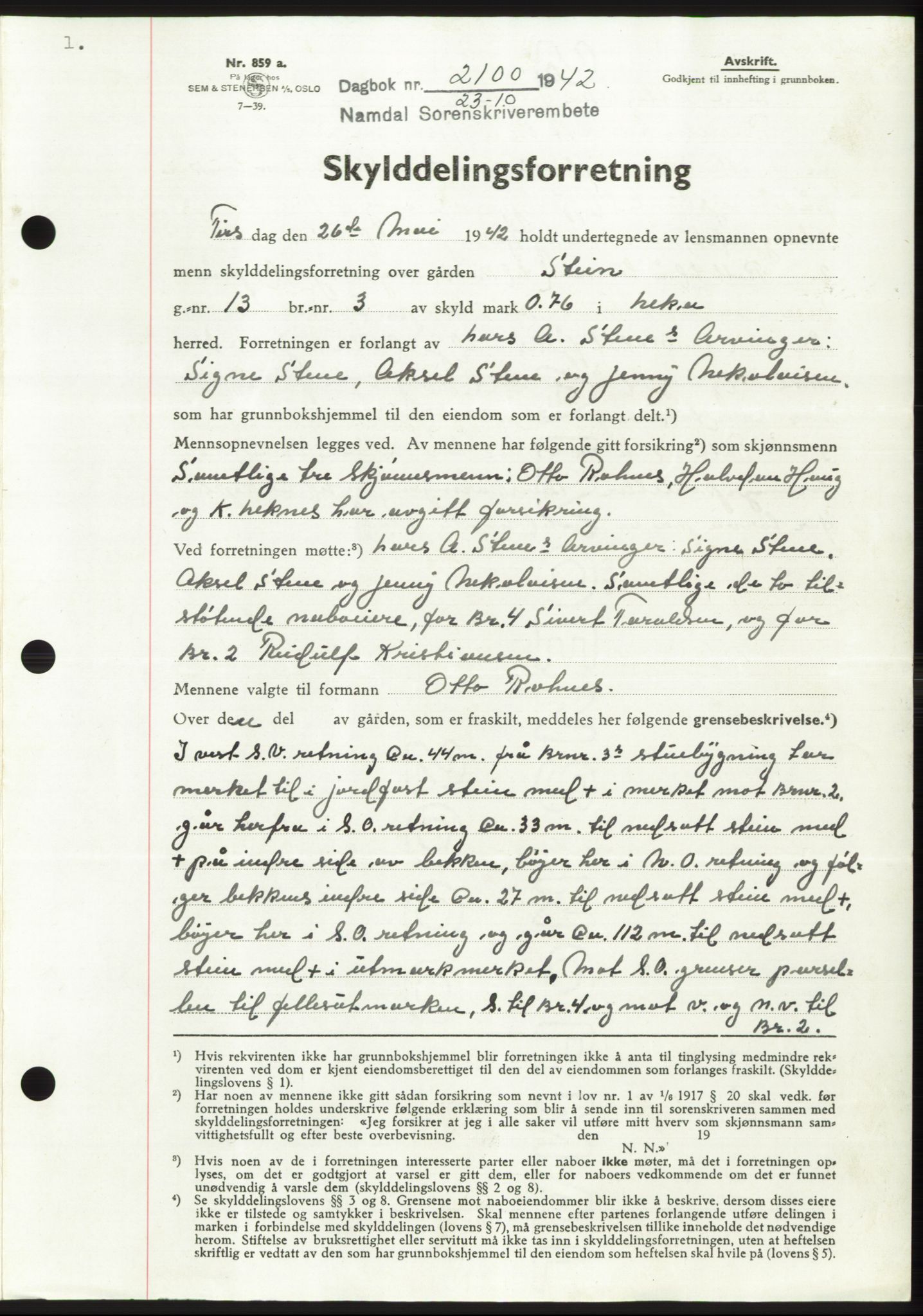 Namdal sorenskriveri, SAT/A-4133/1/2/2C: Pantebok nr. -, 1942-1943, Dagboknr: 2100/1942