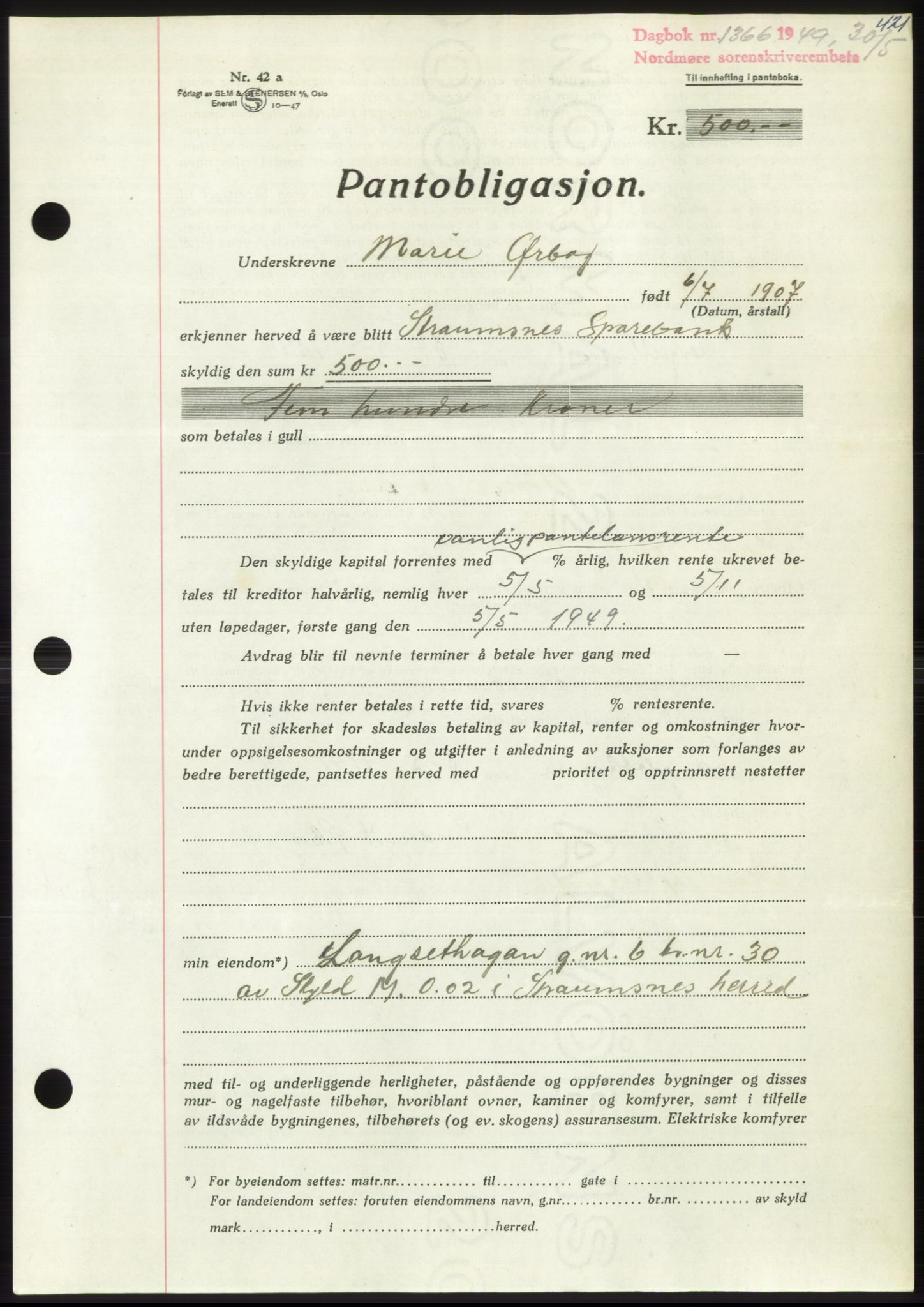 Nordmøre sorenskriveri, AV/SAT-A-4132/1/2/2Ca: Pantebok nr. B101, 1949-1949, Dagboknr: 1366/1949