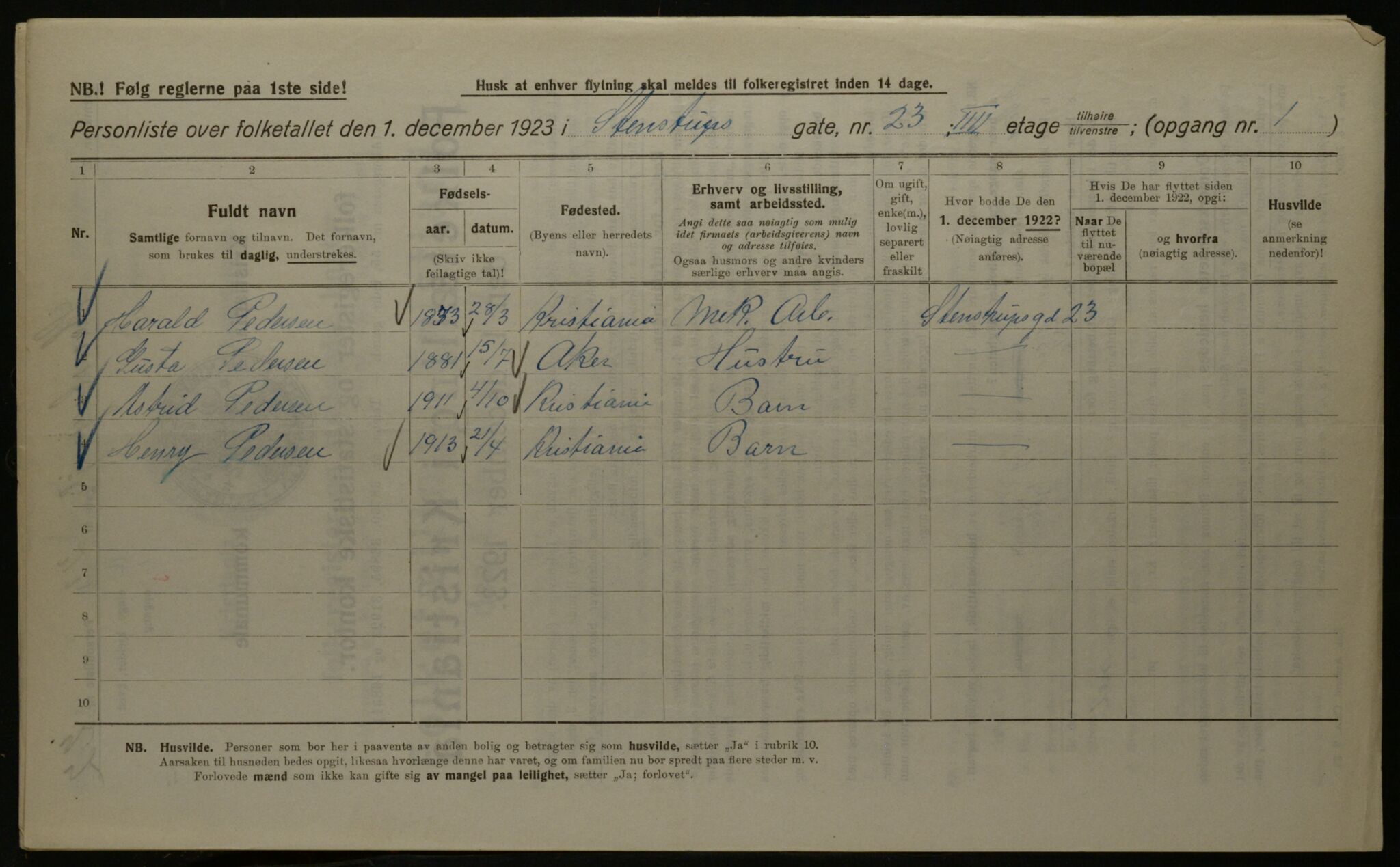 OBA, Kommunal folketelling 1.12.1923 for Kristiania, 1923, s. 112006