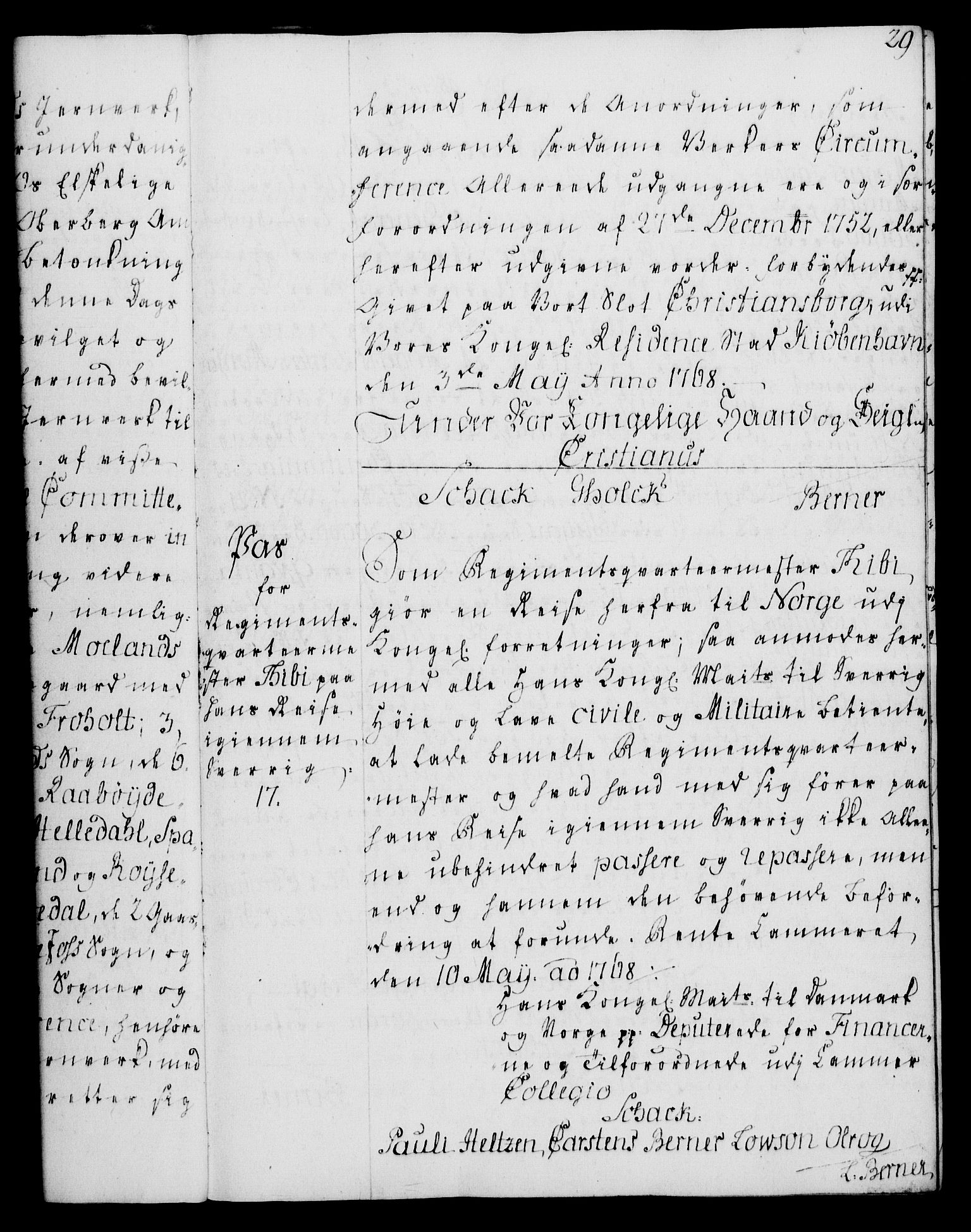 Rentekammeret, Kammerkanselliet, RA/EA-3111/G/Gg/Gga/L0008: Norsk ekspedisjonsprotokoll med register (merket RK 53.8), 1768-1771, s. 29