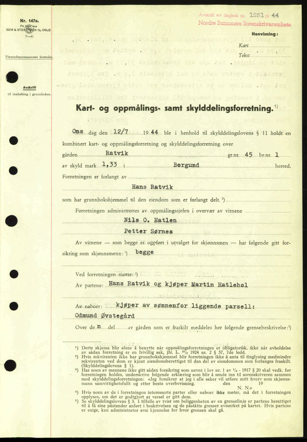 Nordre Sunnmøre sorenskriveri, SAT/A-0006/1/2/2C/2Ca: Pantebok nr. A18, 1944-1944, Dagboknr: 1251/1944