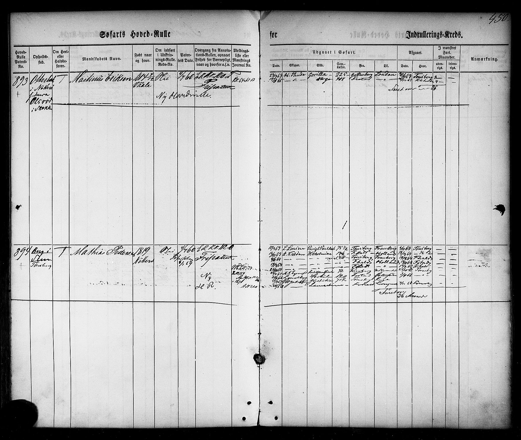 Tønsberg innrulleringskontor, SAKO/A-786/F/Fc/Fca/L0001: Hovedrulle Patent nr. 1-1428, 1860-1861, s. 492