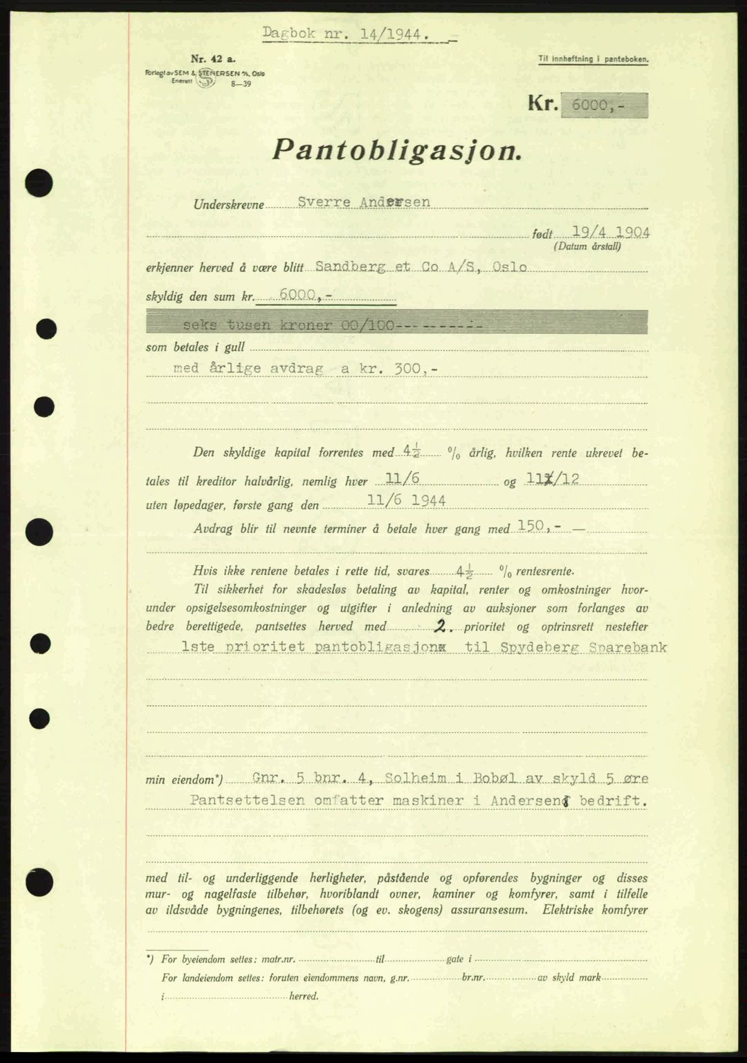 Moss sorenskriveri, SAO/A-10168: Pantebok nr. B13, 1943-1945, Dagboknr: 14/1944
