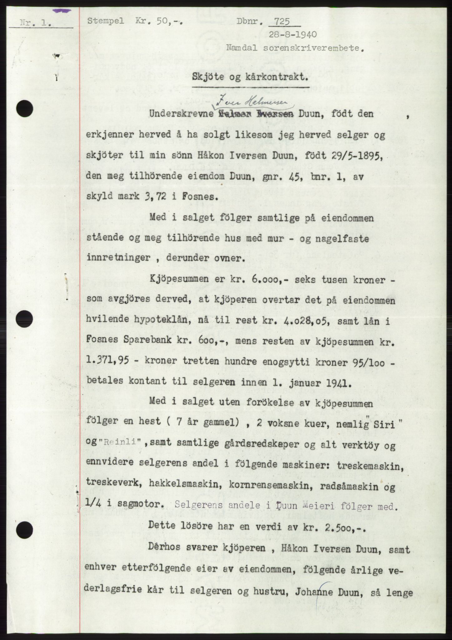 Namdal sorenskriveri, SAT/A-4133/1/2/2C: Pantebok nr. -, 1940-1941, Tingl.dato: 28.08.1940