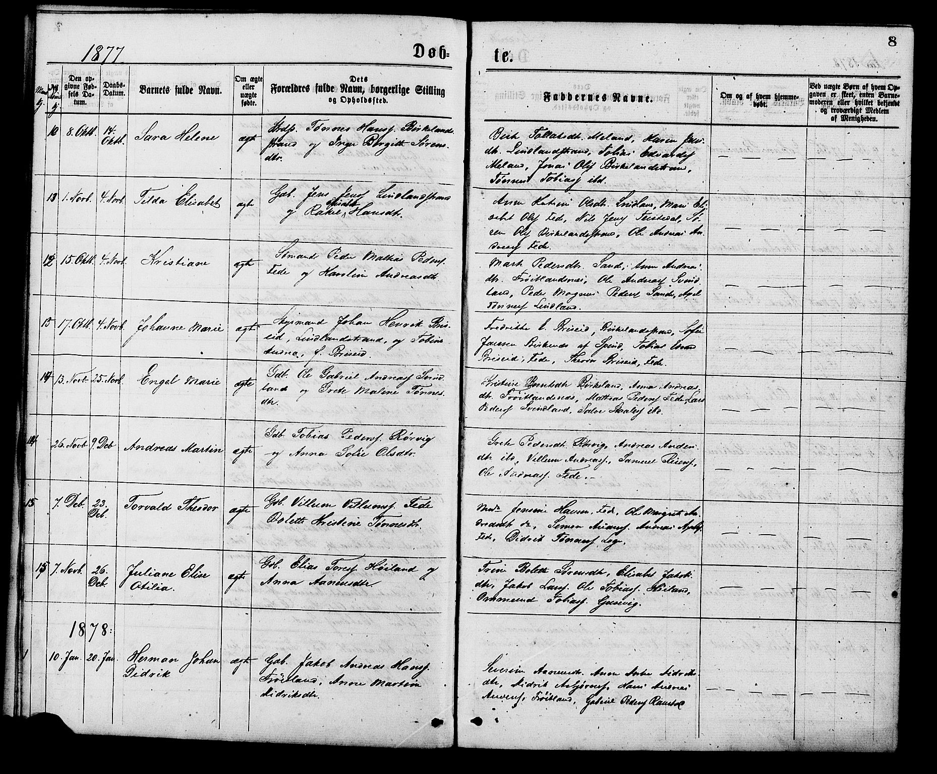 Kvinesdal sokneprestkontor, AV/SAK-1111-0026/F/Fa/Faa/L0003: Ministerialbok nr. A 3, 1877-1882, s. 8