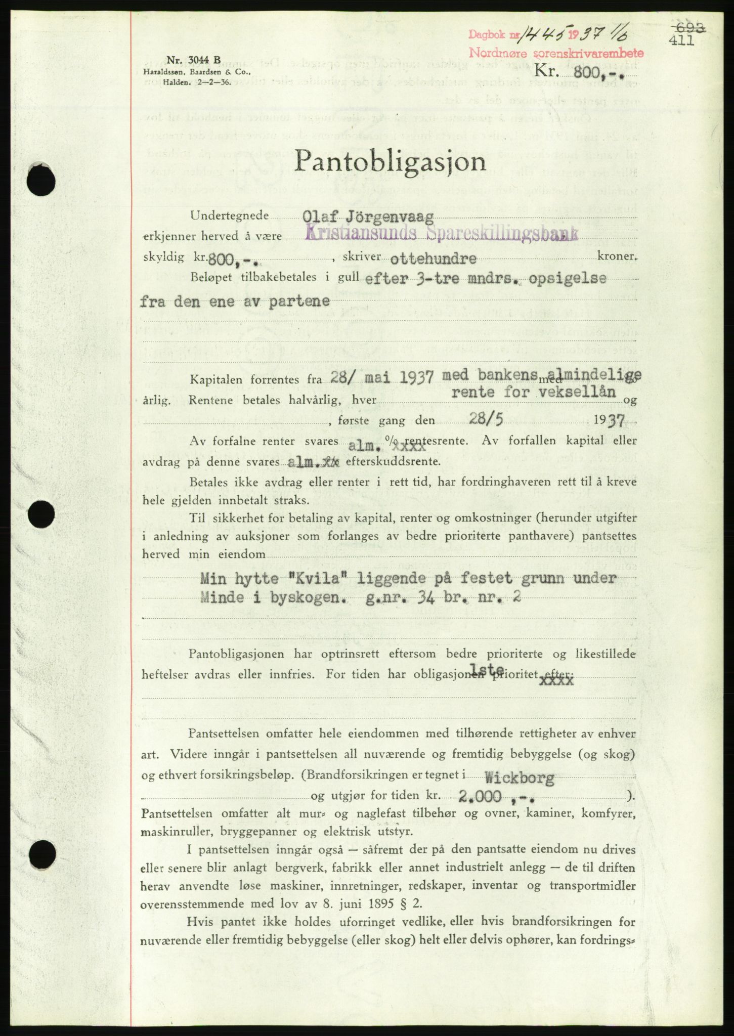 Nordmøre sorenskriveri, AV/SAT-A-4132/1/2/2Ca/L0091: Pantebok nr. B81, 1937-1937, Dagboknr: 1445/1937