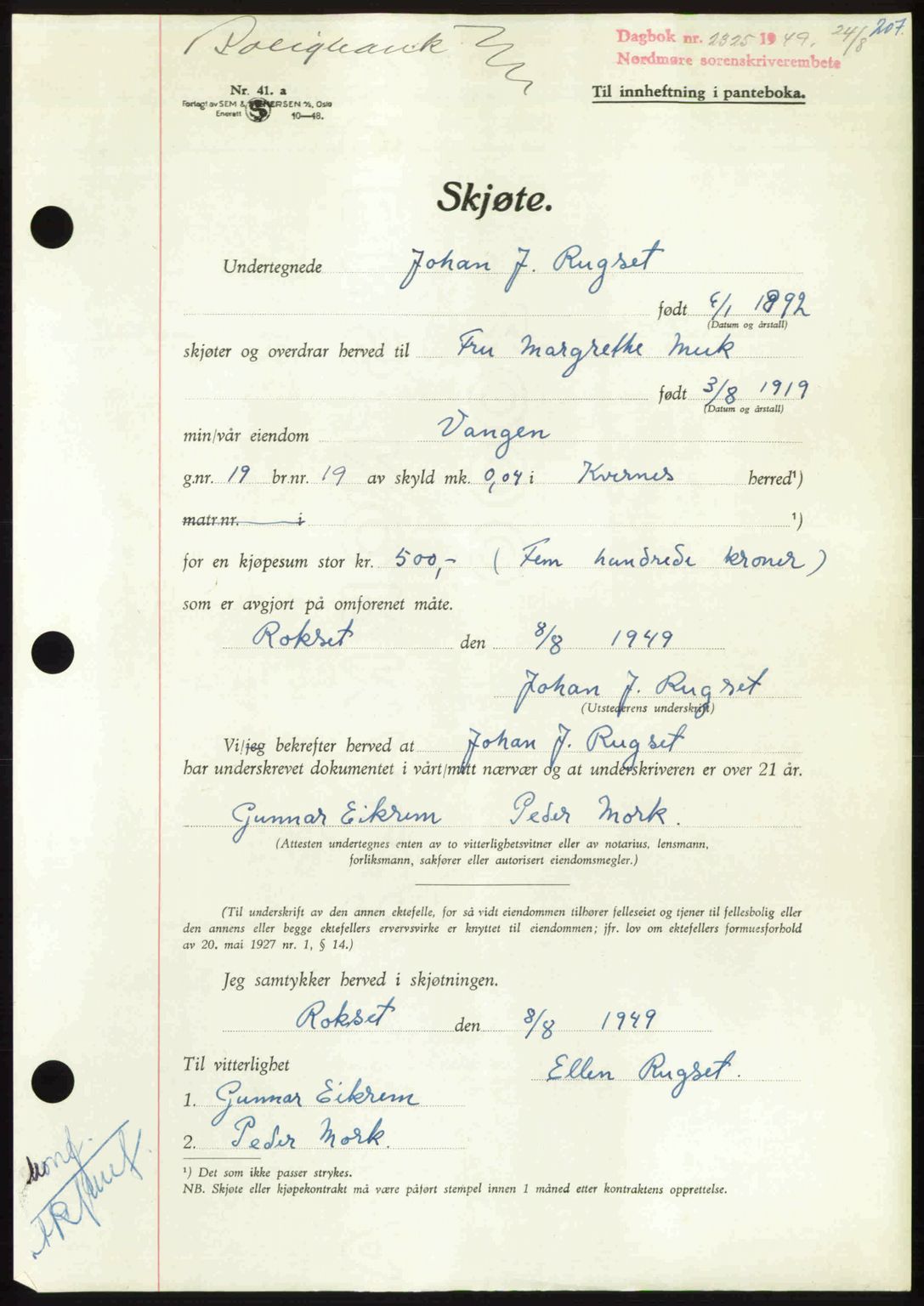 Nordmøre sorenskriveri, SAT/A-4132/1/2/2Ca: Pantebok nr. A112, 1949-1949, Dagboknr: 2325/1949