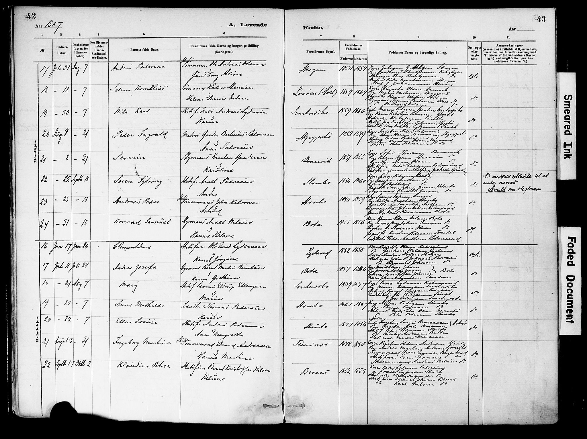 Dypvåg sokneprestkontor, AV/SAK-1111-0007/F/Fa/Fab/L0001: Ministerialbok nr. A 1, 1885-1912, s. 42-43