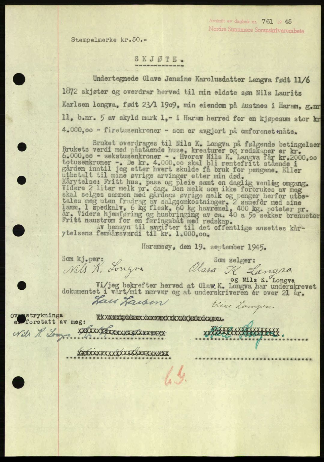 Nordre Sunnmøre sorenskriveri, AV/SAT-A-0006/1/2/2C/2Ca: Pantebok nr. A20a, 1945-1945, Dagboknr: 761/1945