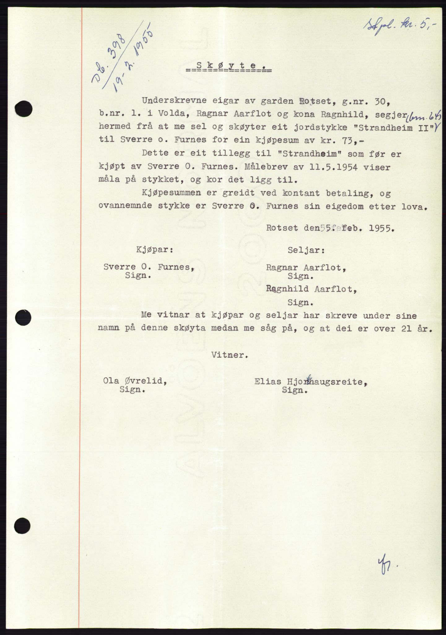Søre Sunnmøre sorenskriveri, AV/SAT-A-4122/1/2/2C/L0100: Pantebok nr. 26A, 1954-1955, Dagboknr: 398/1955
