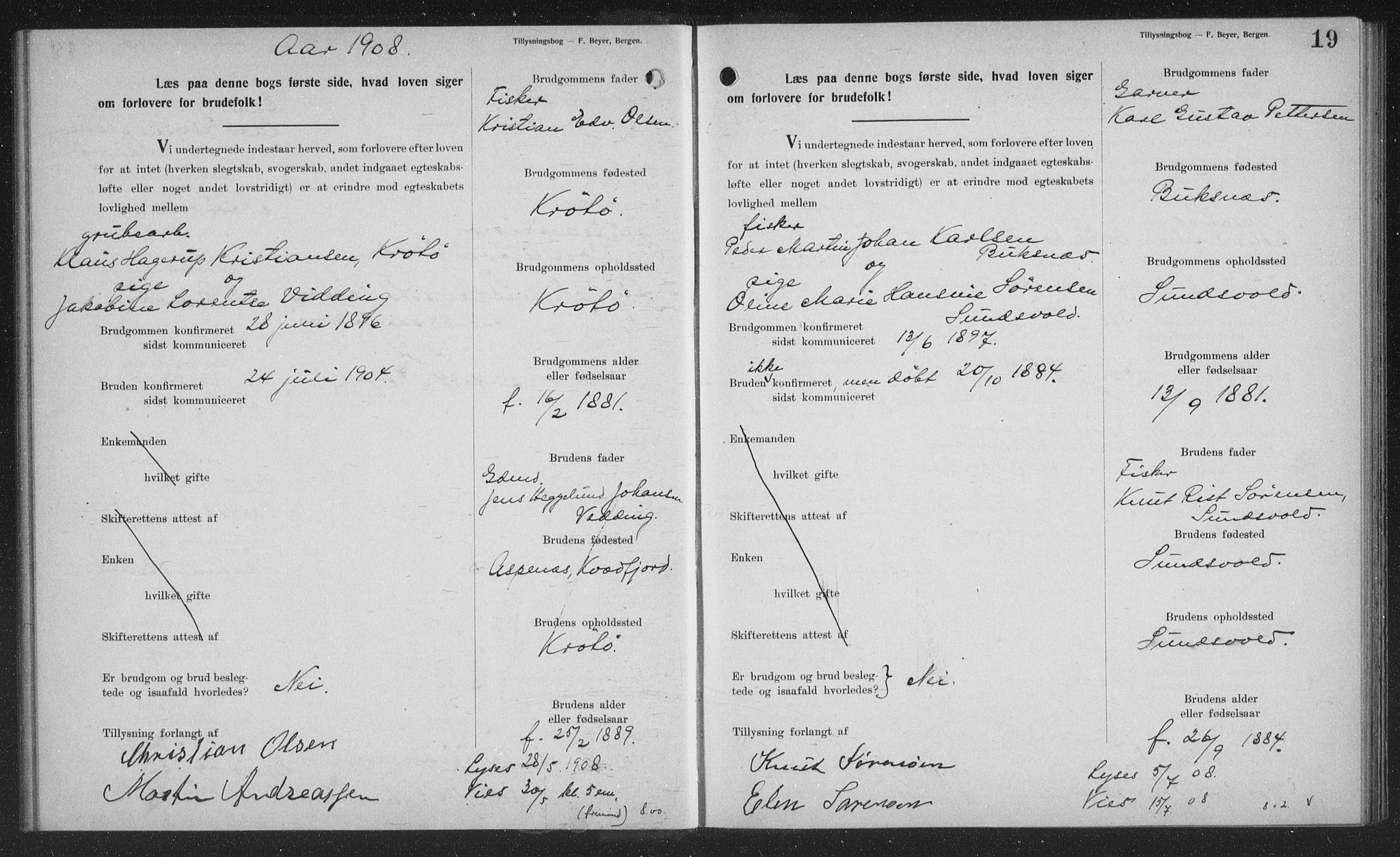 Sand/Bjarkøy sokneprestkontor, AV/SATØ-S-0811/J/Jb/L0024: Lysningsprotokoll nr. 24, 1905-1917, s. 19