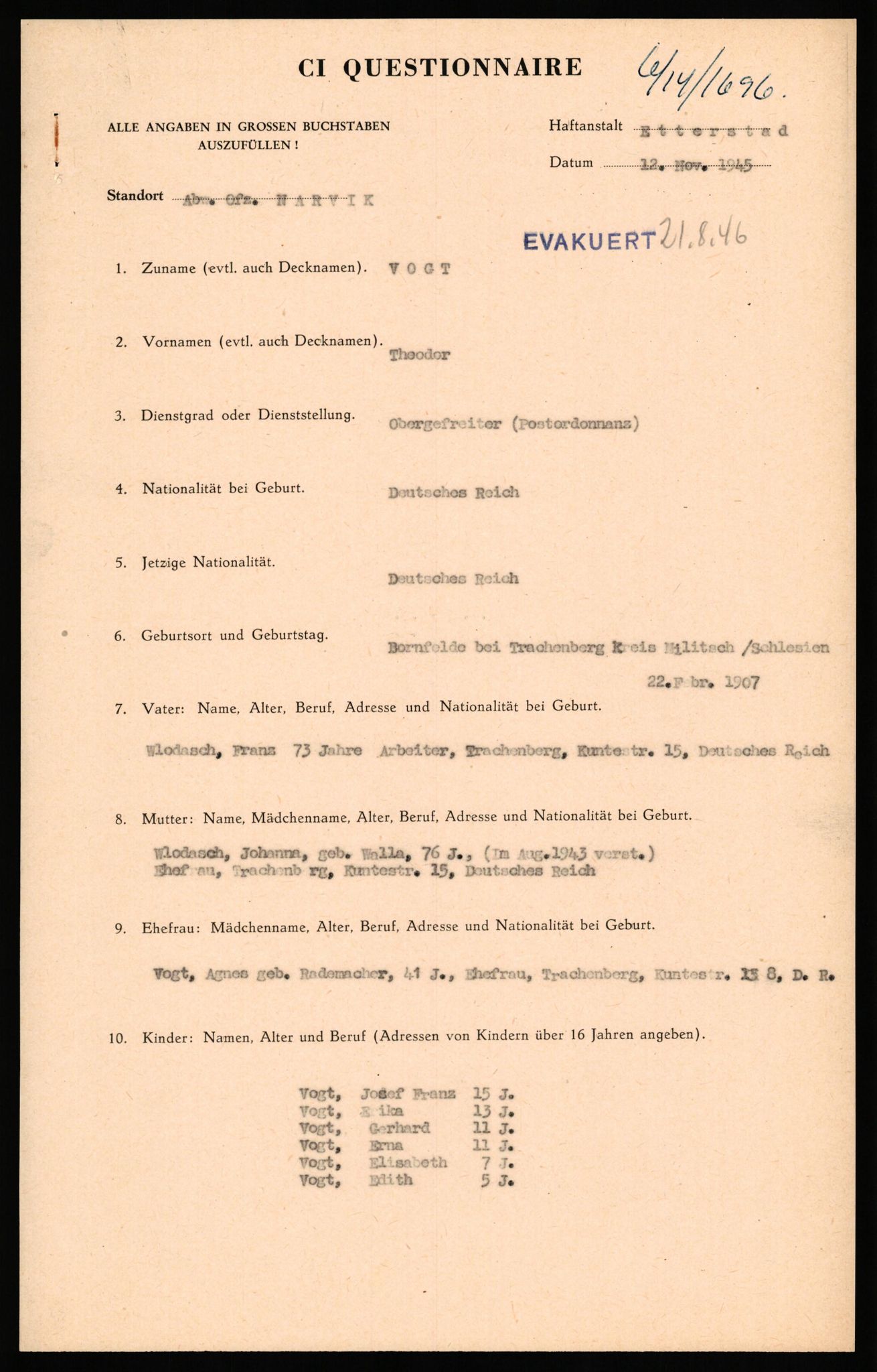 Forsvaret, Forsvarets overkommando II, AV/RA-RAFA-3915/D/Db/L0034: CI Questionaires. Tyske okkupasjonsstyrker i Norge. Tyskere., 1945-1946, s. 290