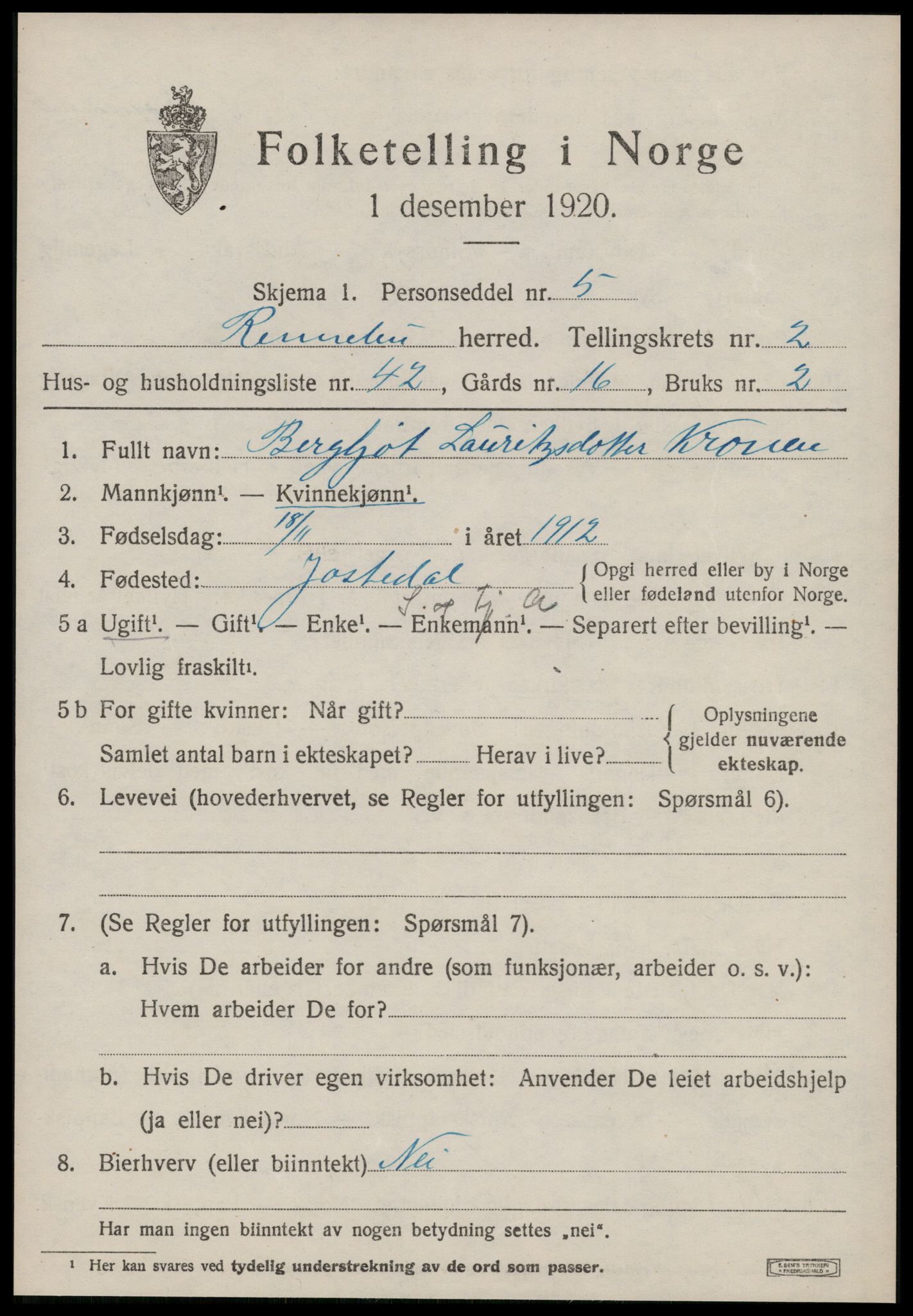 SAT, Folketelling 1920 for 1635 Rennebu herred, 1920, s. 1752