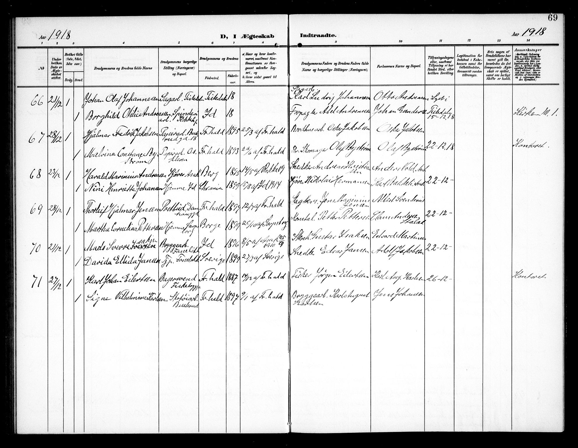 Halden prestekontor Kirkebøker, AV/SAO-A-10909/G/Ga/L0011: Klokkerbok nr. 11, 1906-1934, s. 69