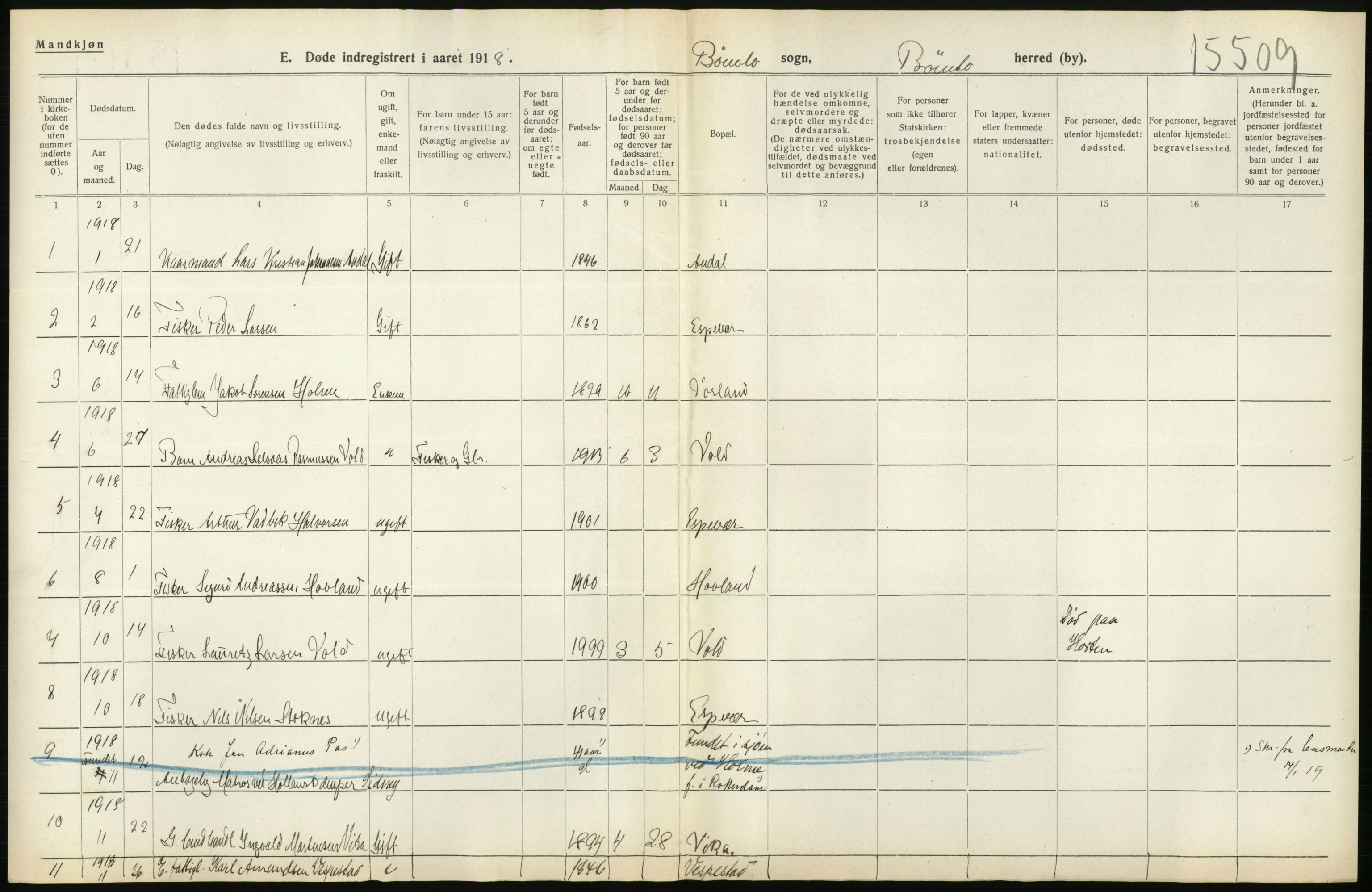 Statistisk sentralbyrå, Sosiodemografiske emner, Befolkning, RA/S-2228/D/Df/Dfb/Dfbh/L0036: Hordaland fylke: Døde., 1918, s. 64