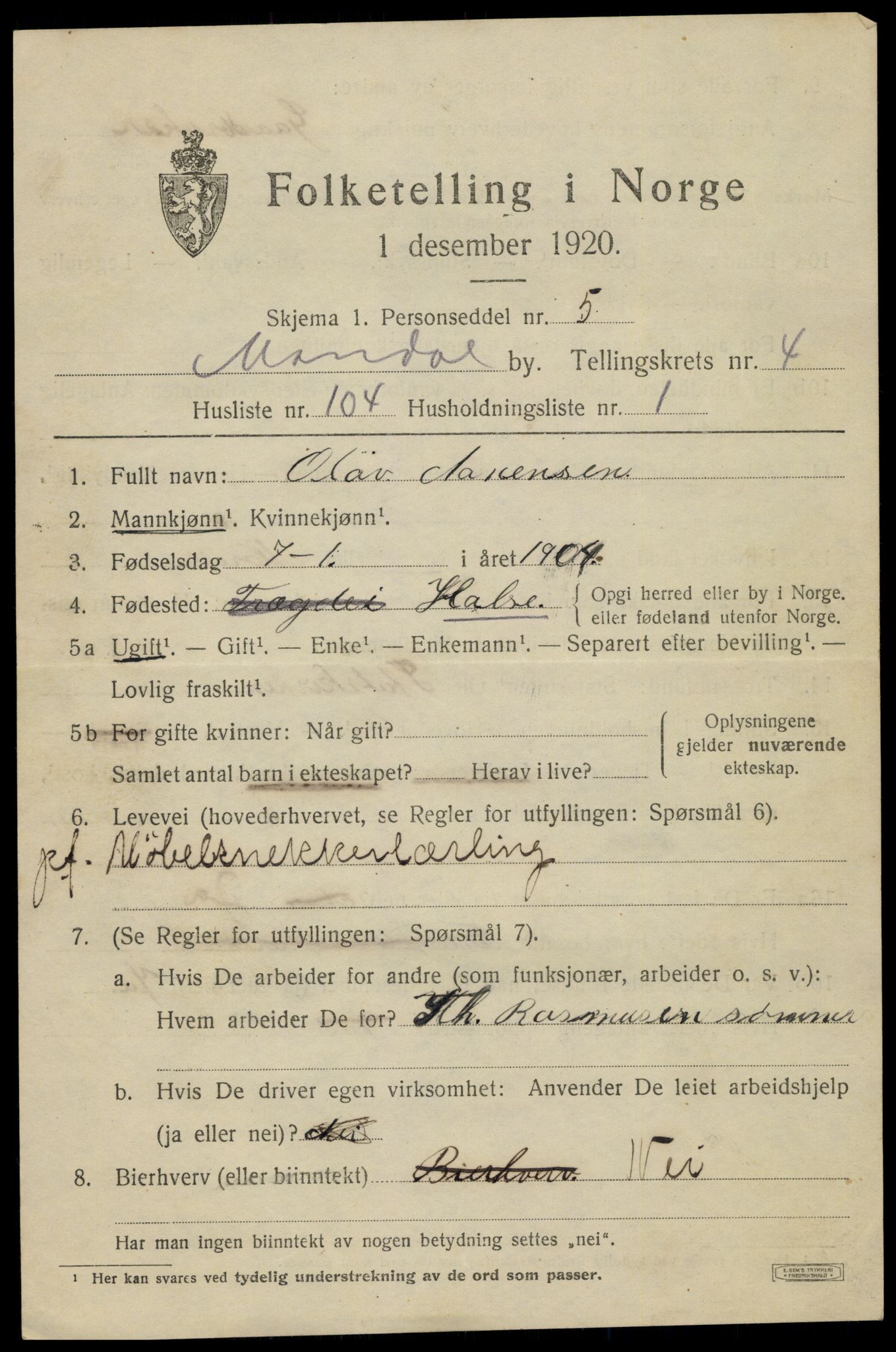 SAK, Folketelling 1920 for 1002 Mandal ladested, 1920, s. 8159