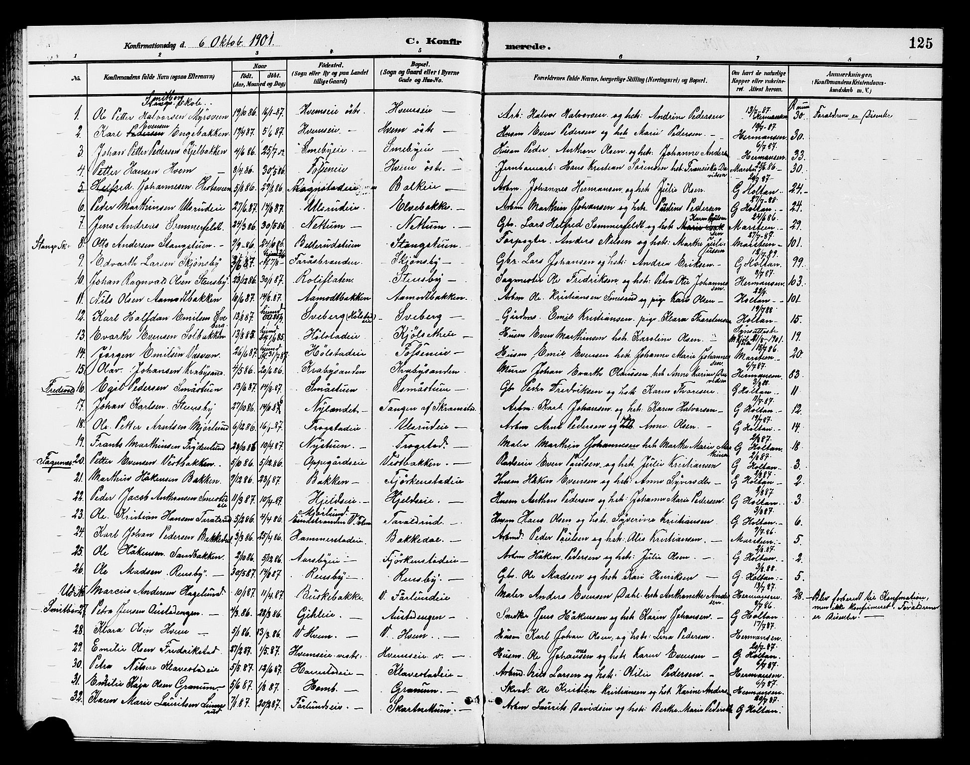 Østre Toten prestekontor, AV/SAH-PREST-104/H/Ha/Hab/L0007: Klokkerbok nr. 7, 1901-1912, s. 125