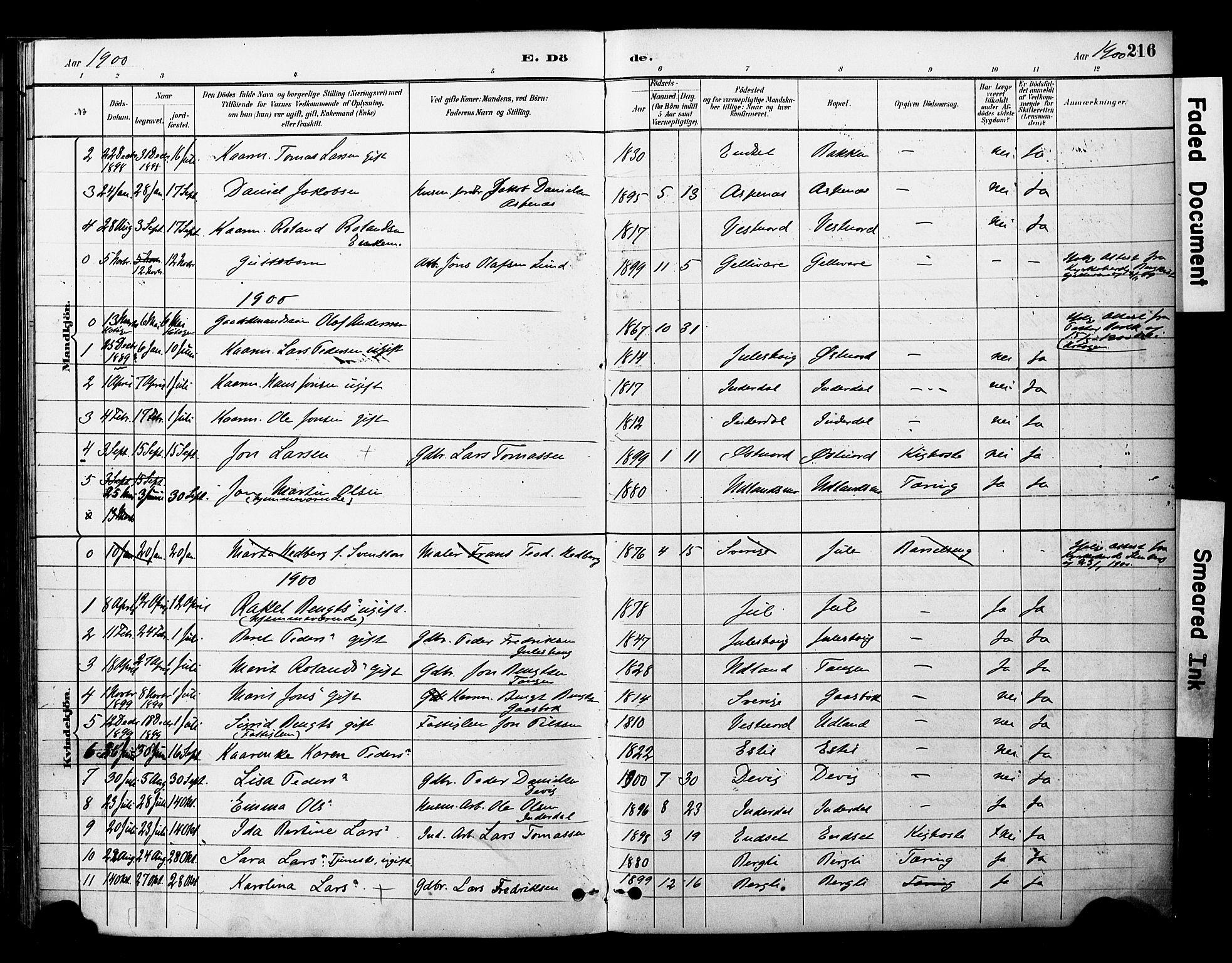 Ministerialprotokoller, klokkerbøker og fødselsregistre - Nord-Trøndelag, SAT/A-1458/757/L0505: Ministerialbok nr. 757A01, 1882-1904, s. 216