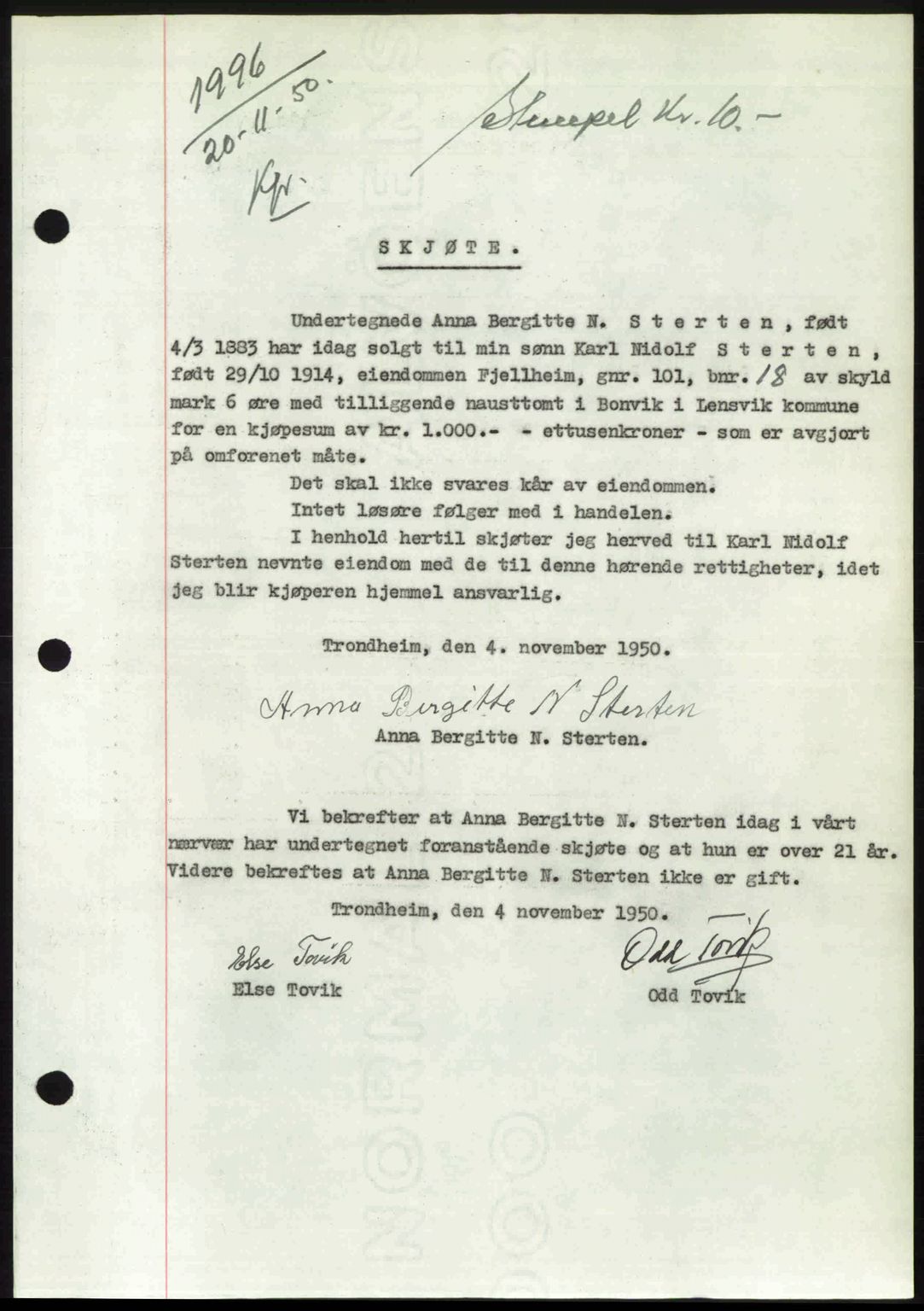 Fosen sorenskriveri, AV/SAT-A-1107/1/2/2C: Pantebok nr. A, 1946-1950, Dagboknr: 1996/1950