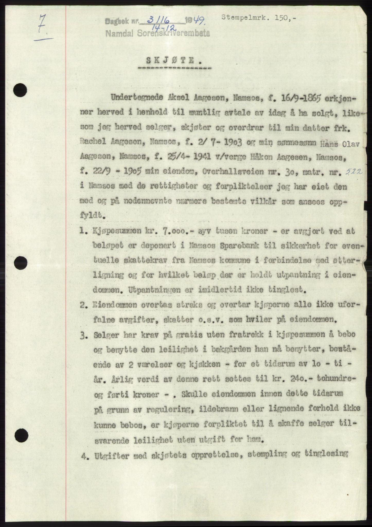 Namdal sorenskriveri, SAT/A-4133/1/2/2C: Pantebok nr. -, 1949-1949, Dagboknr: 3116/1949