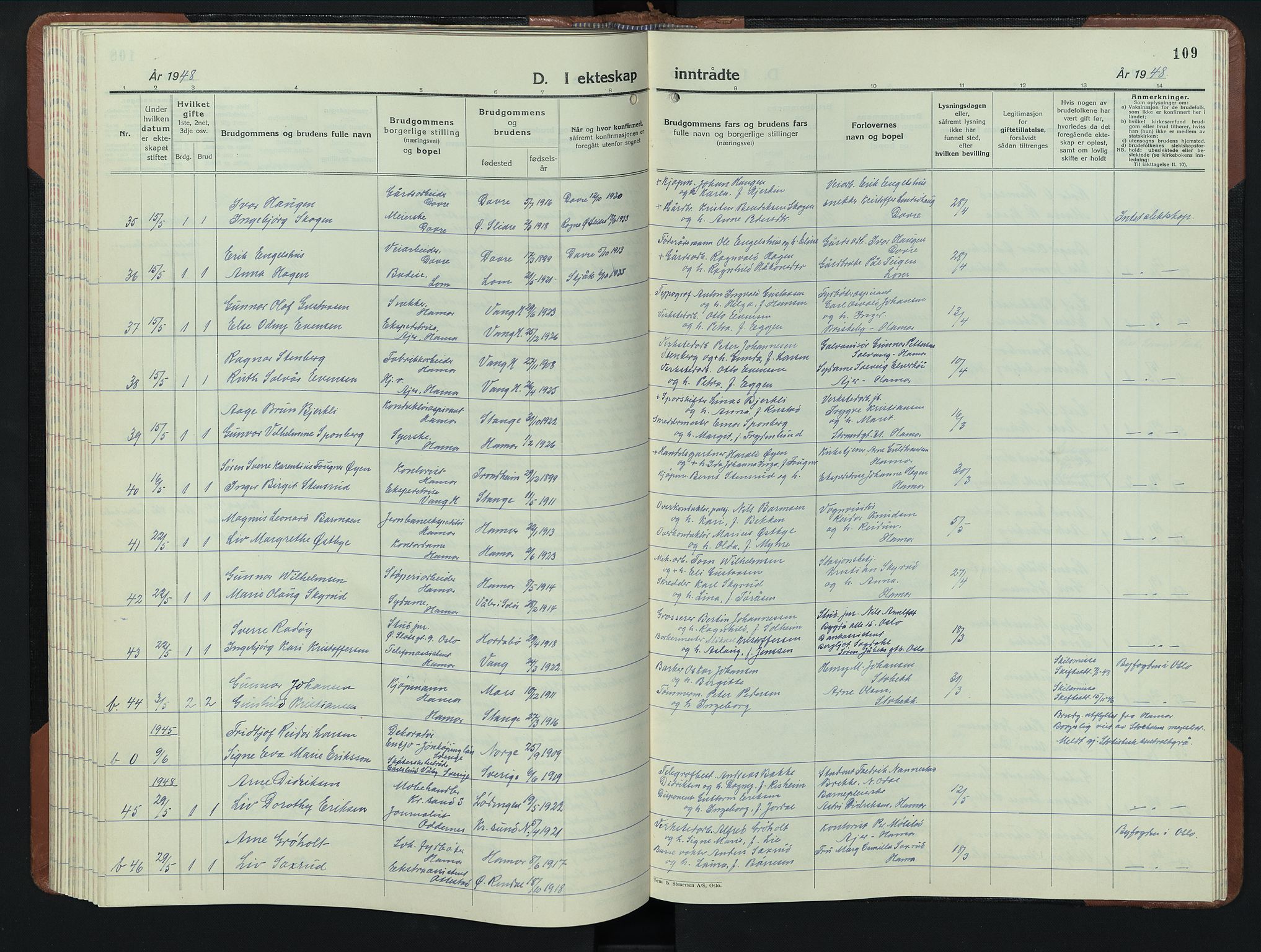 Hamar prestekontor, AV/SAH-DOMPH-002/H/Ha/Hab/L0006: Klokkerbok nr. 6, 1931-1950, s. 109