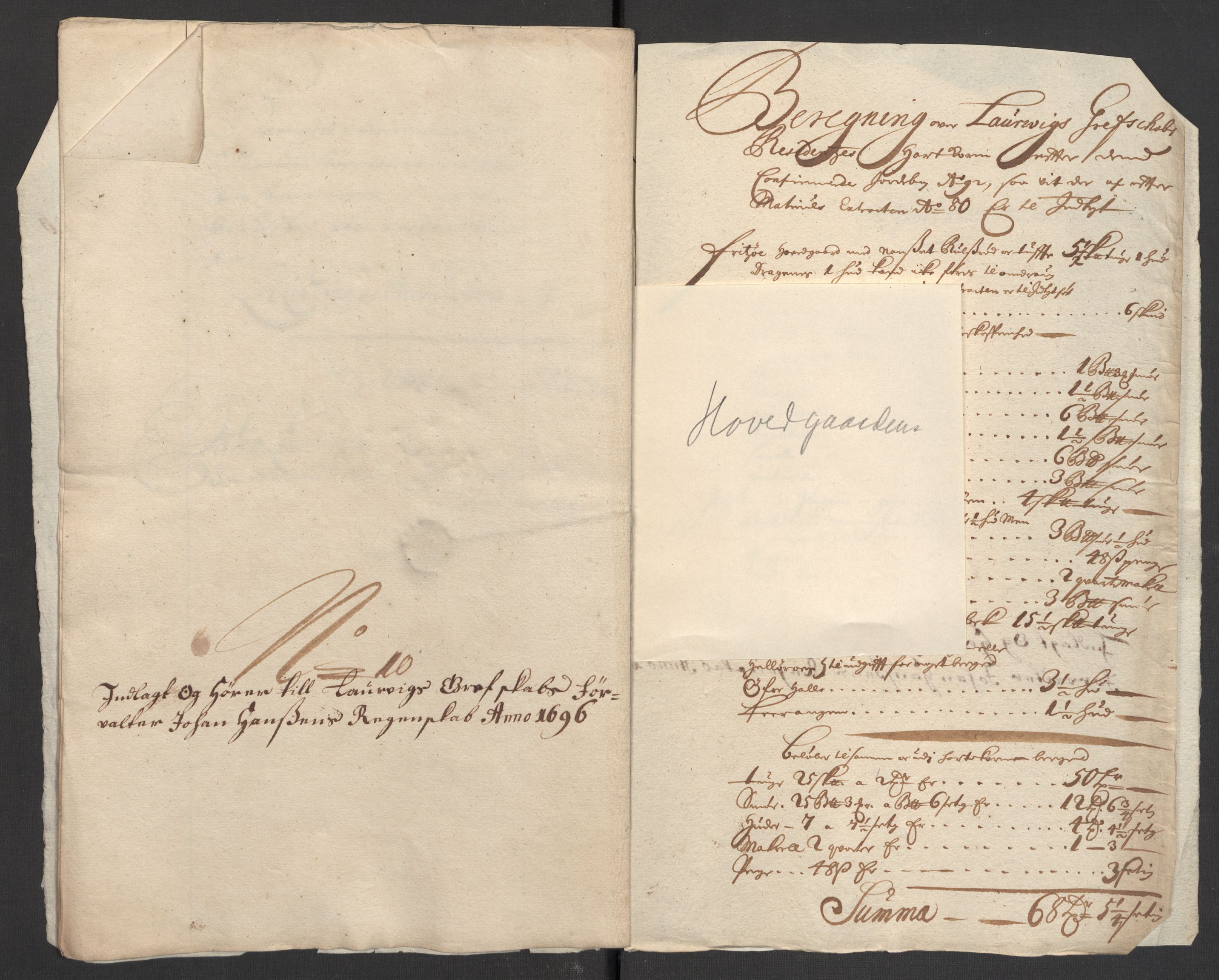 Rentekammeret inntil 1814, Reviderte regnskaper, Fogderegnskap, RA/EA-4092/R33/L1975: Fogderegnskap Larvik grevskap, 1696-1697, s. 103
