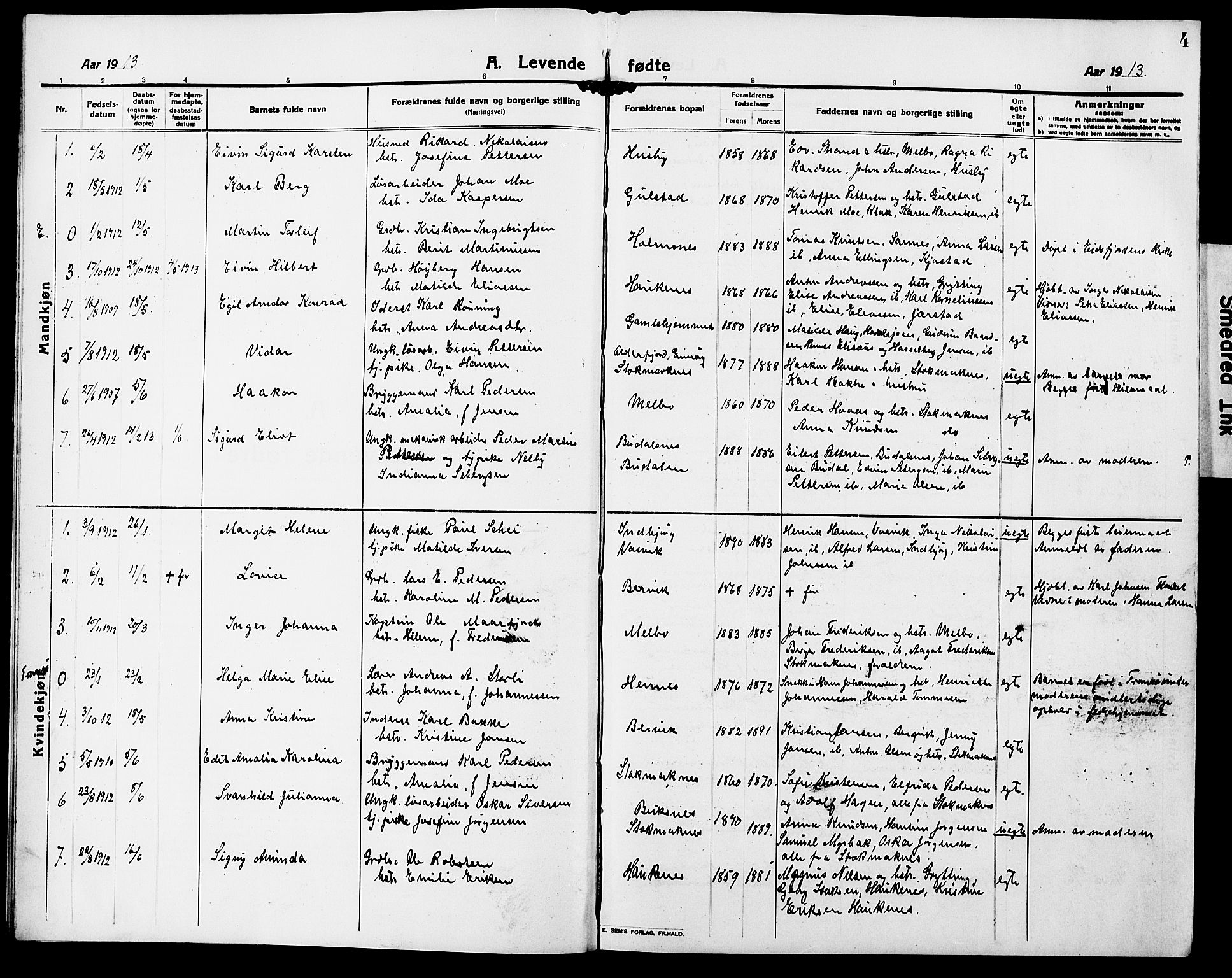 Ministerialprotokoller, klokkerbøker og fødselsregistre - Nordland, AV/SAT-A-1459/888/L1269: Klokkerbok nr. 888C07, 1913-1927, s. 4