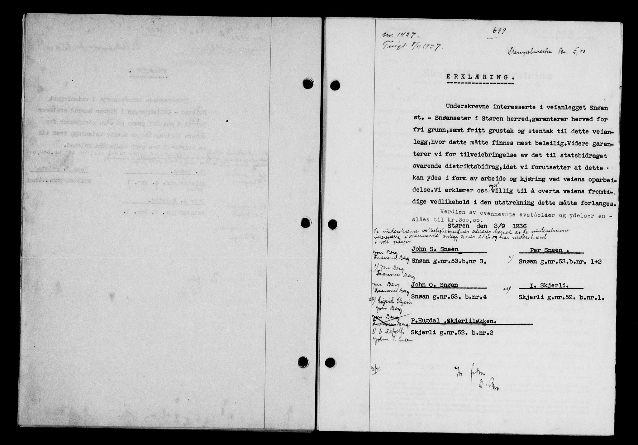 Gauldal sorenskriveri, SAT/A-0014/1/2/2C/L0048: Pantebok nr. 51-52, 1937-1938, s. 699, Dagboknr: 1427/1937