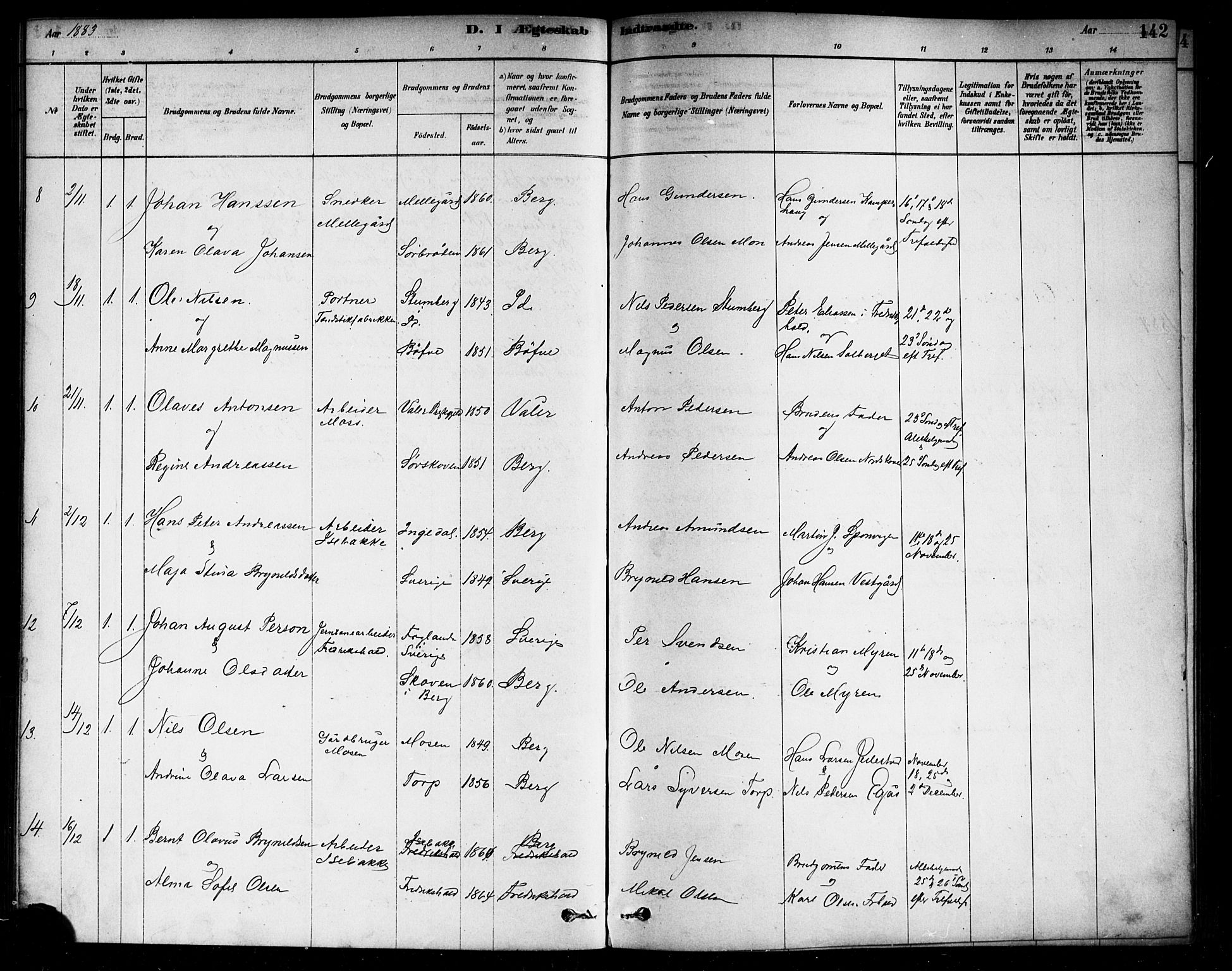 Berg prestekontor Kirkebøker, AV/SAO-A-10902/F/Fa/L0006: Ministerialbok nr. I 6, 1878-1887, s. 142