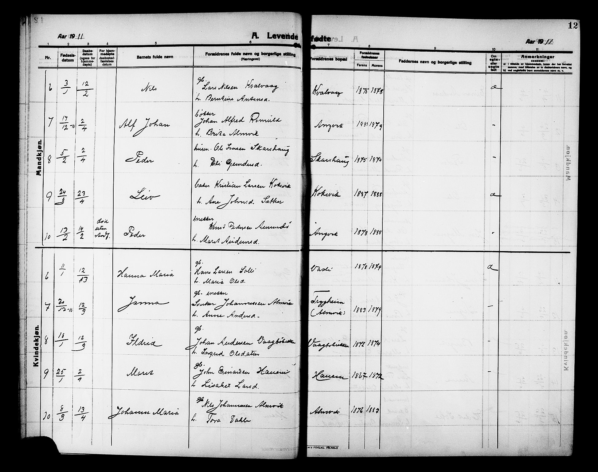 Ministerialprotokoller, klokkerbøker og fødselsregistre - Møre og Romsdal, AV/SAT-A-1454/586/L0993: Klokkerbok nr. 586C04, 1910-1918, s. 12