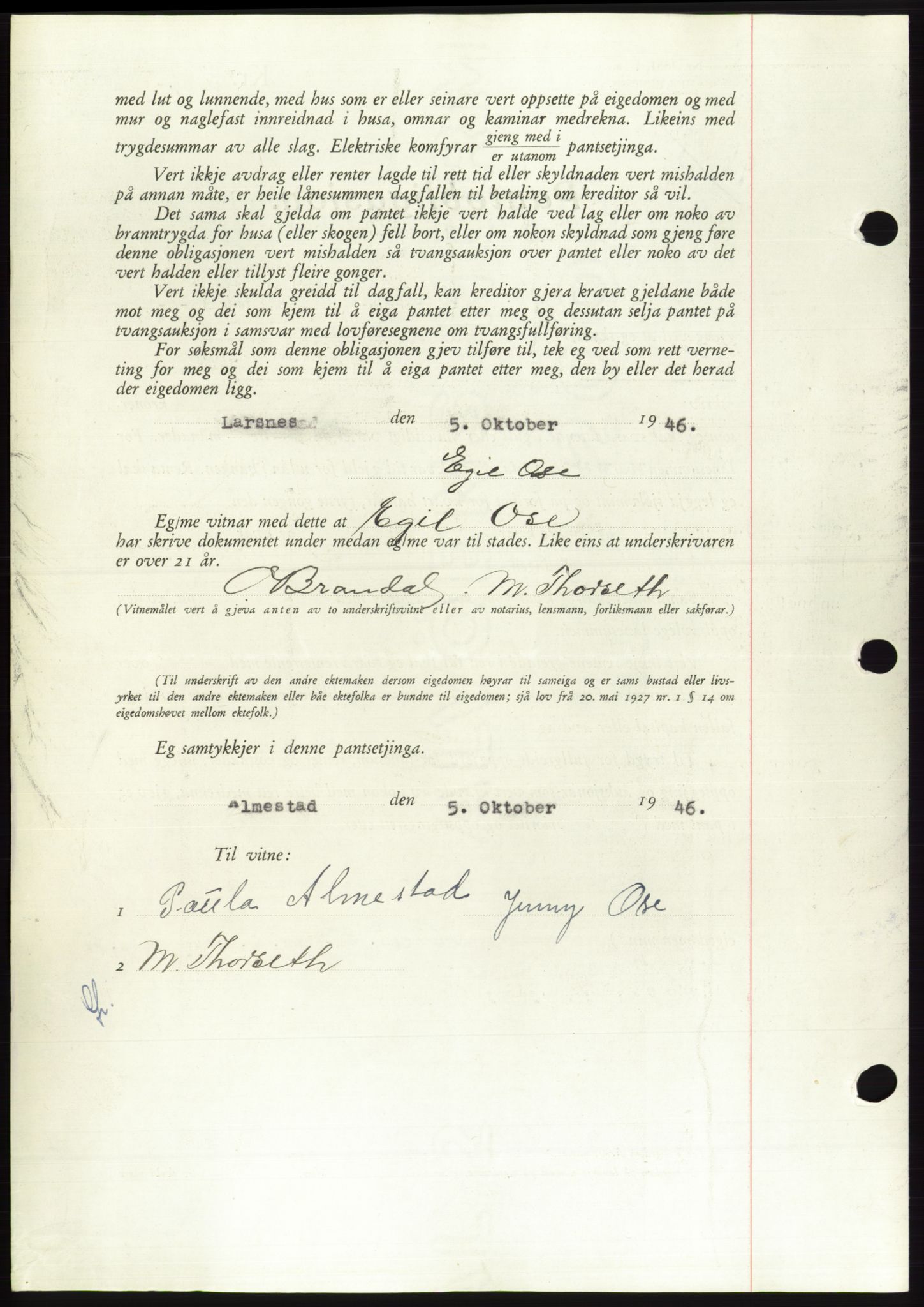 Søre Sunnmøre sorenskriveri, AV/SAT-A-4122/1/2/2C/L0114: Pantebok nr. 1-2B, 1943-1947, Dagboknr: 1262/1946