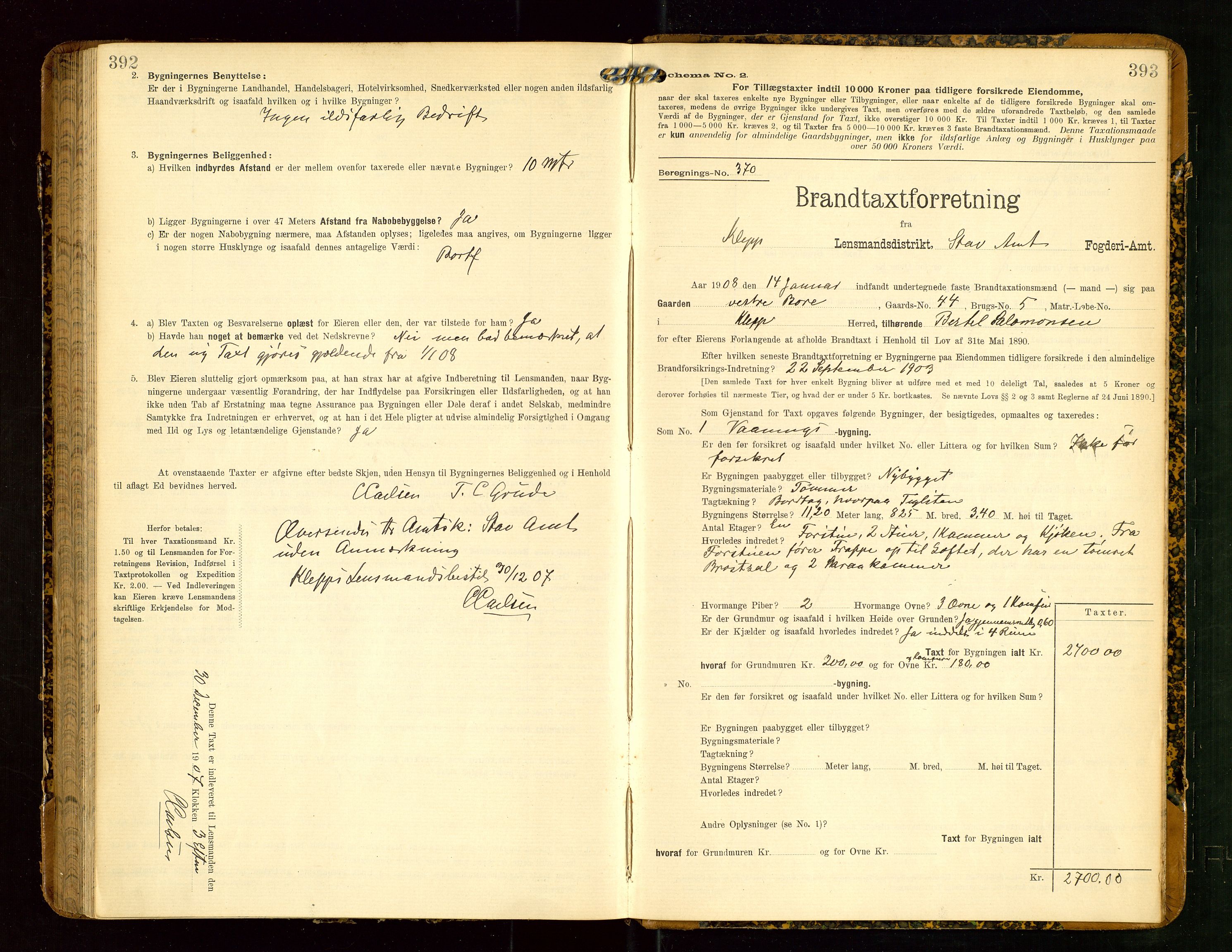 Klepp lensmannskontor, AV/SAST-A-100163/Goc/L0004: "Brandtaxationsprotokol" m/register, 1906-1908, s. 392-393