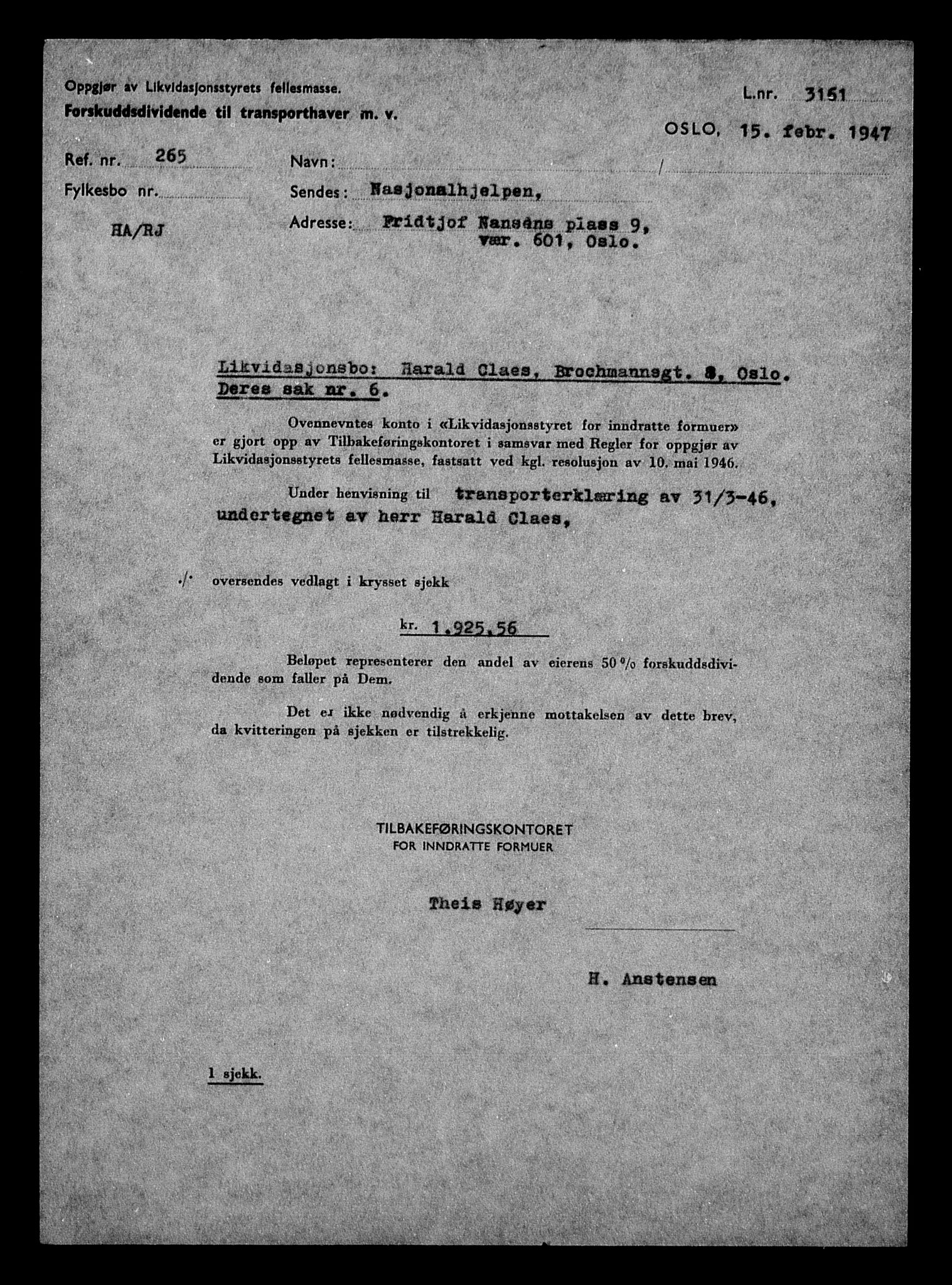 Justisdepartementet, Tilbakeføringskontoret for inndratte formuer, AV/RA-S-1564/H/Hc/Hcc/L0928: --, 1945-1947, s. 286