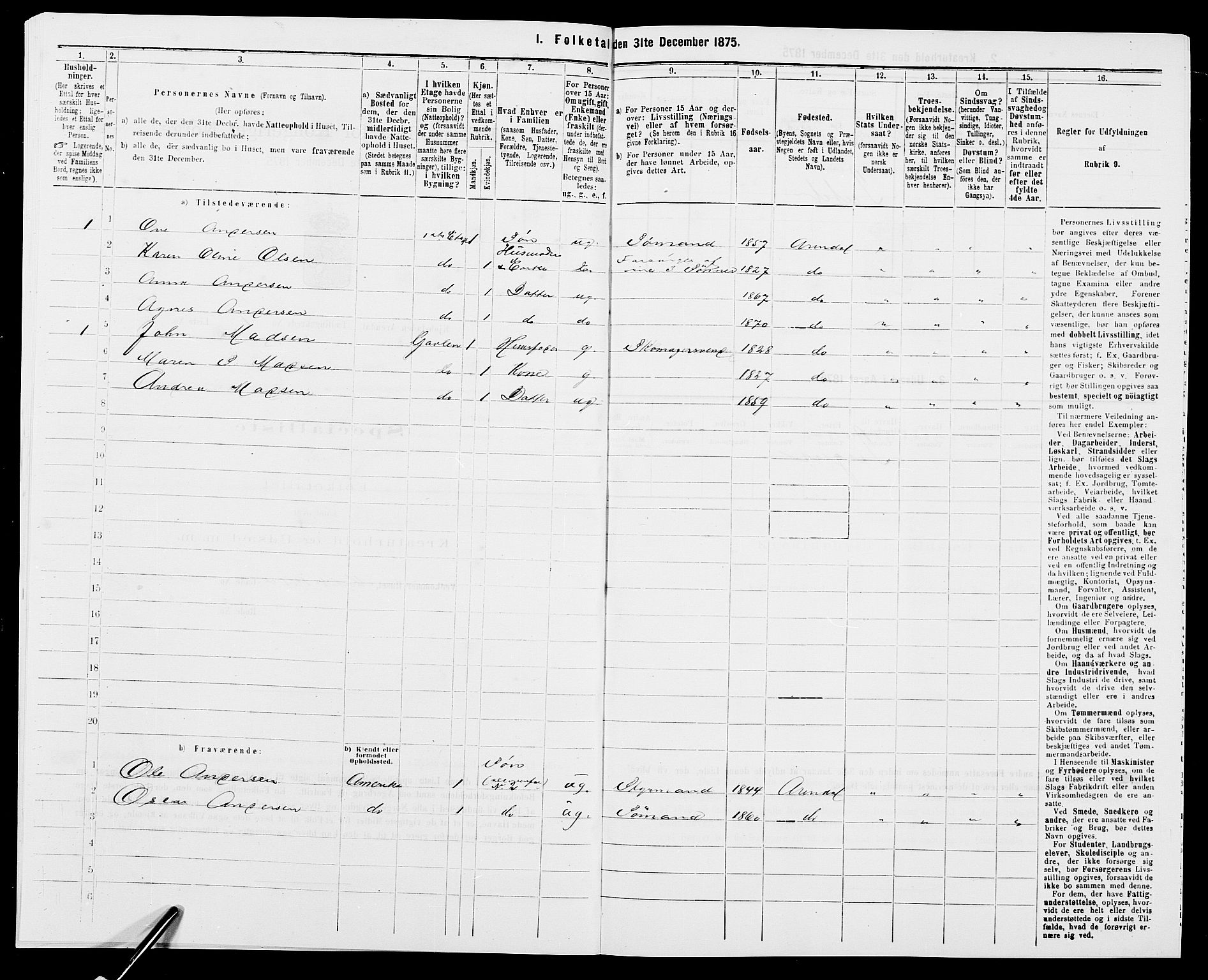 SAK, Folketelling 1875 for 0903P Arendal prestegjeld, 1875, s. 22