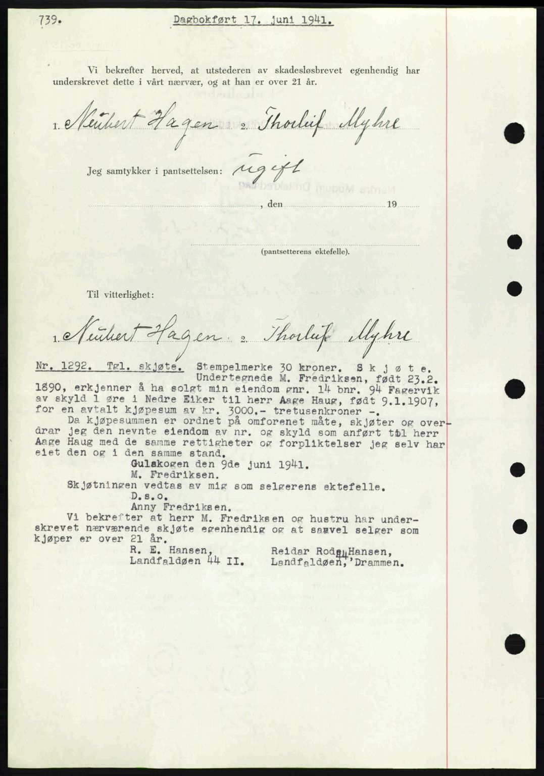 Eiker, Modum og Sigdal sorenskriveri, SAKO/A-123/G/Ga/Gab/L0043: Pantebok nr. A13, 1940-1941, Dagboknr: 1292/1941