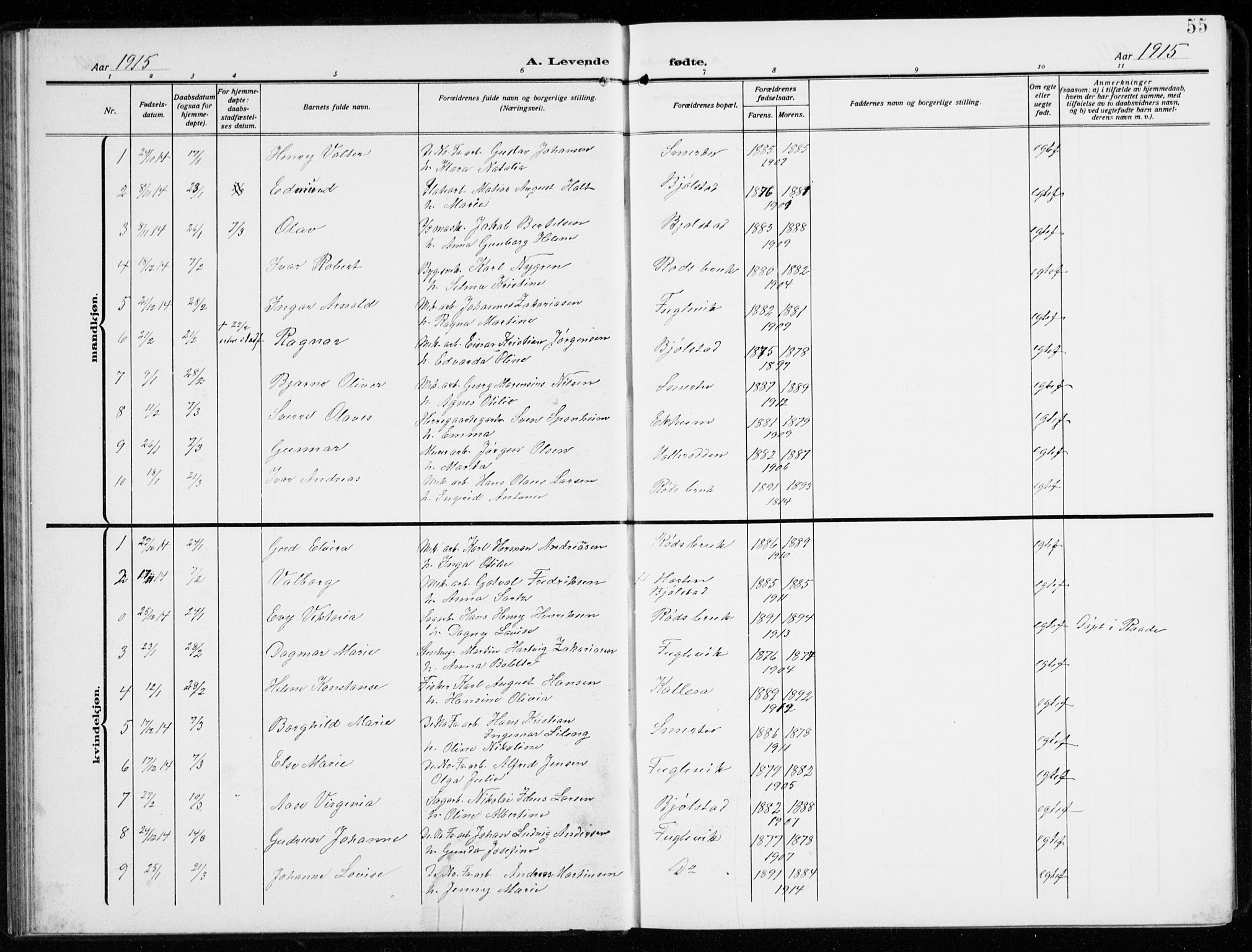 Kråkerøy prestekontor Kirkebøker, AV/SAO-A-10912/G/Ga/L0001: Klokkerbok nr. 1, 1908-1944, s. 55