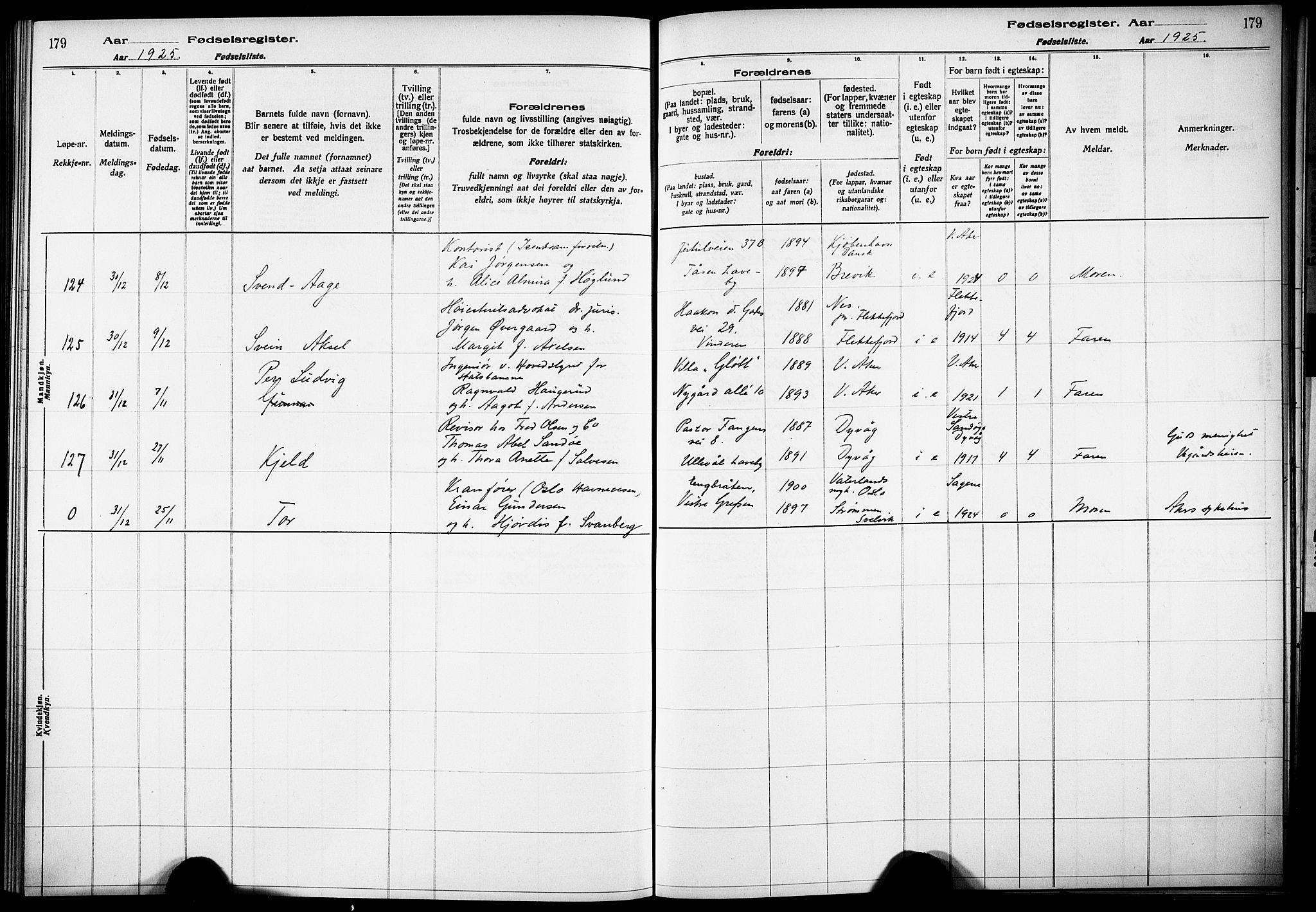 Vestre Aker prestekontor Kirkebøker, AV/SAO-A-10025/J/Ja/L0002: Fødselsregister nr. 2, 1922-1926, s. 179