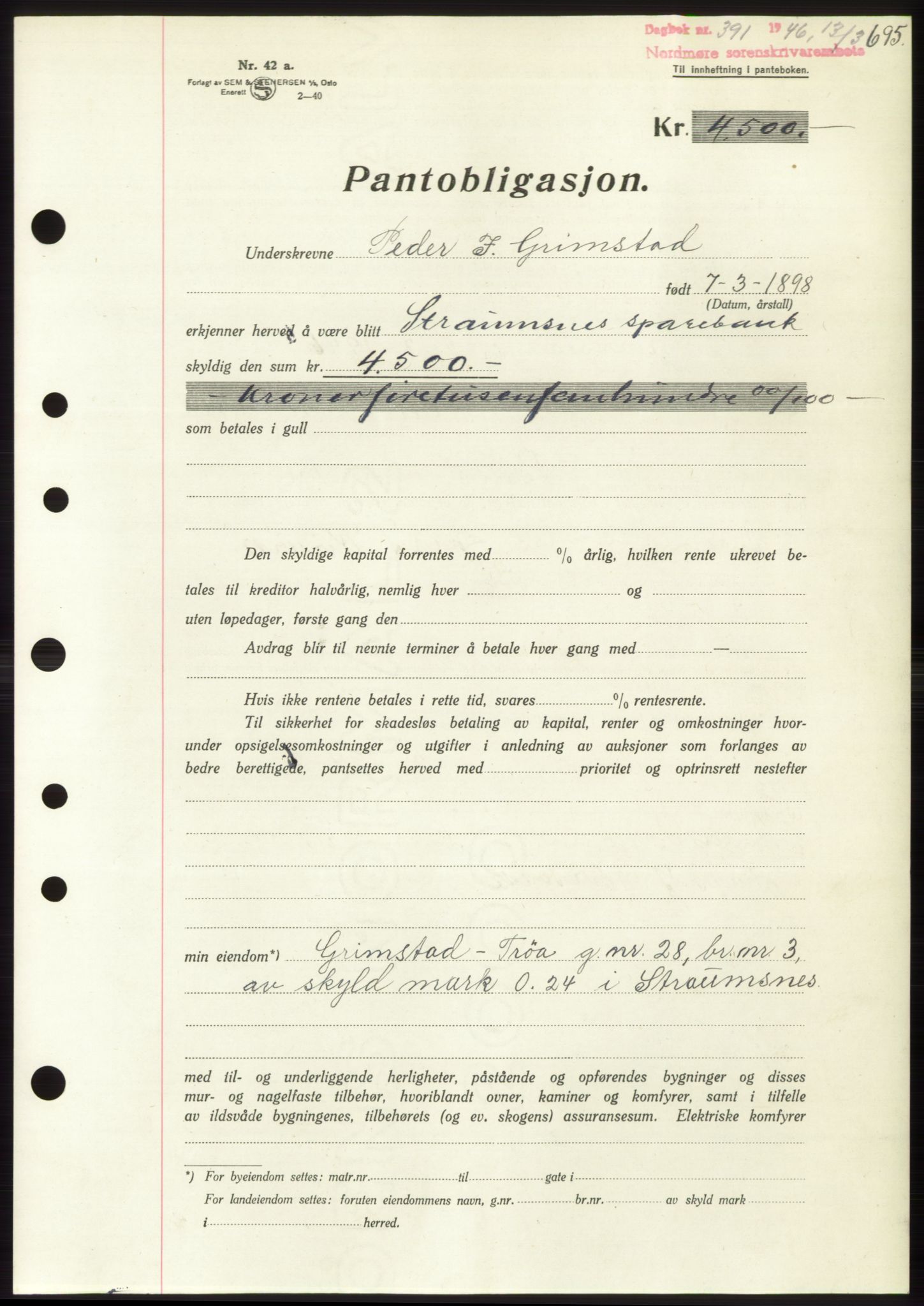 Nordmøre sorenskriveri, SAT/A-4132/1/2/2Ca: Pantebok nr. B93b, 1946-1946, Dagboknr: 391/1946