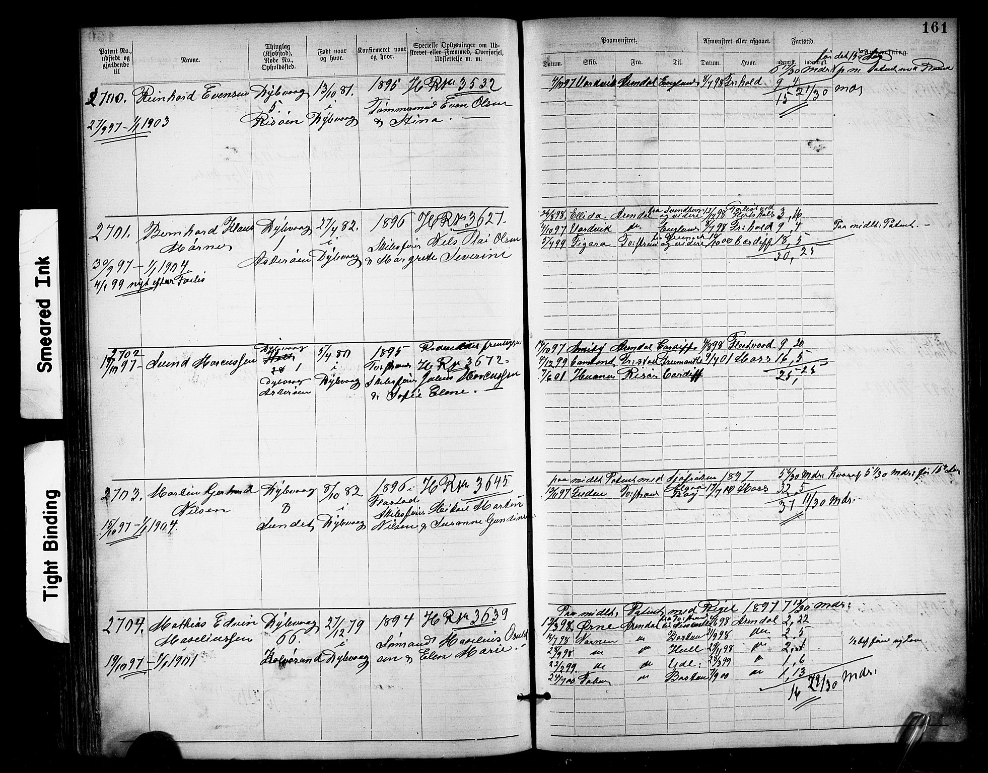 Tvedestrand mønstringskrets, SAK/2031-0011/F/Fa/L0004: Annotasjonsrulle nr 1906-3400 med register, U-26, 1887-1911, s. 182