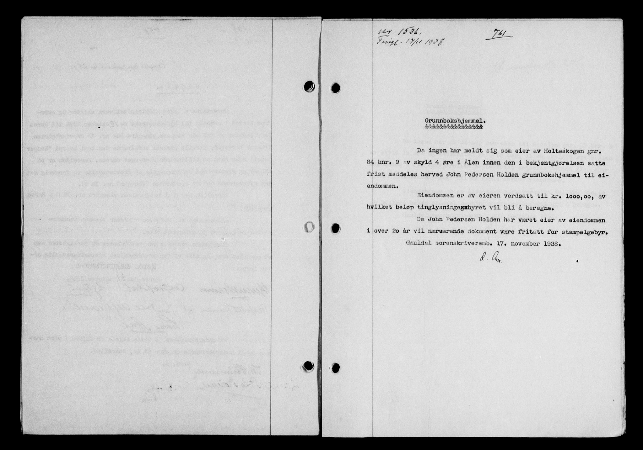 Gauldal sorenskriveri, SAT/A-0014/1/2/2C/L0049: Pantebok nr. 53, 1938-1938, Dagboknr: 1536/1938
