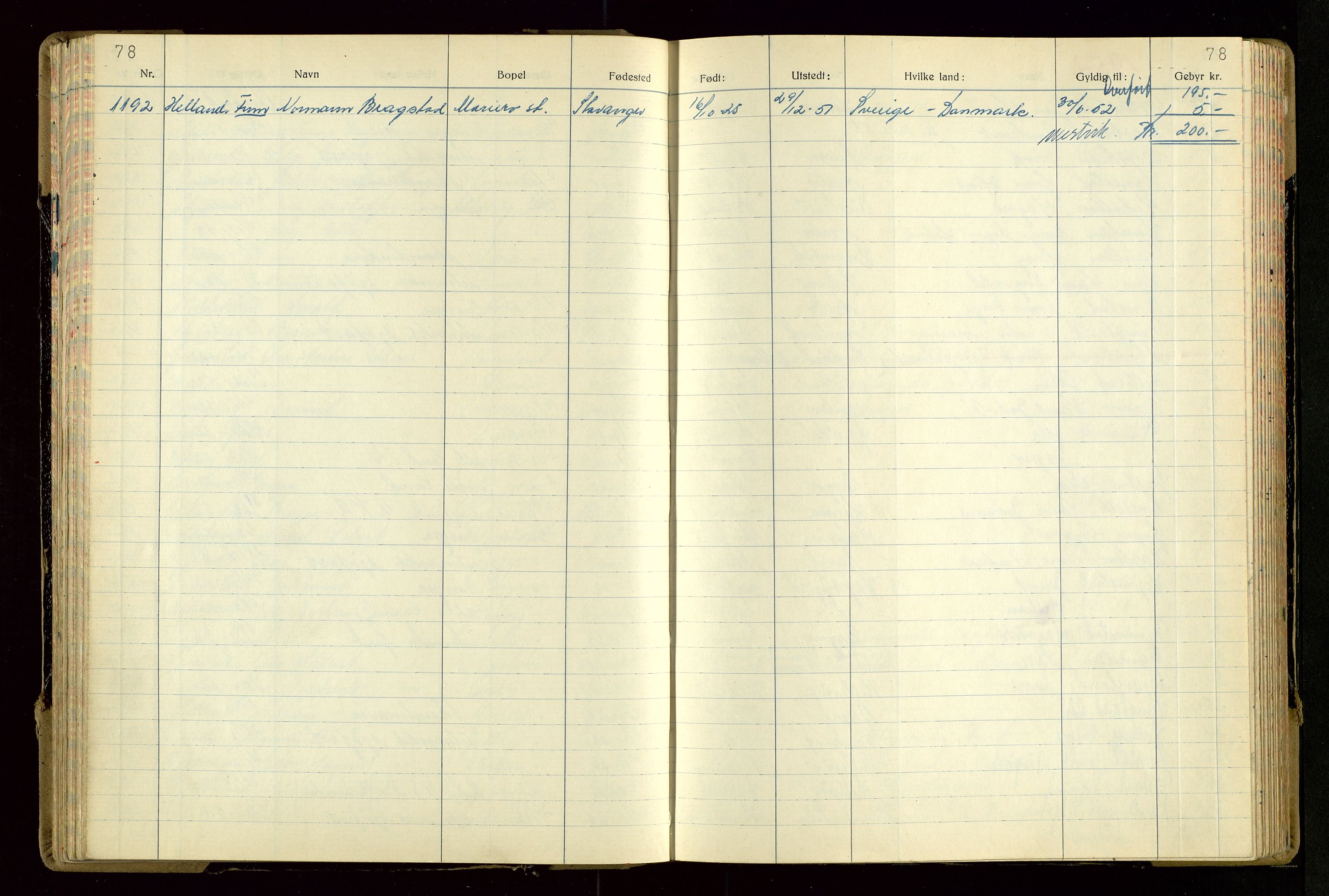 Rogaland politikammer, AV/SAST-A-101403/K/Ka/L0004: Passprotokoll, 1950-1955, s. 78